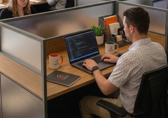 Man working at cubicle with laptop, notebooks, coffee mugs, and office supplies