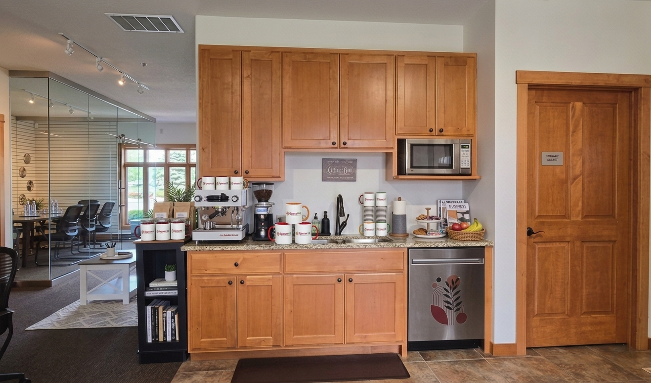 Kitchen area with wooden cabinets, a coffee machine, coffee cups, microwave, sink, and fruit basket with bananas, apples, and oranges.