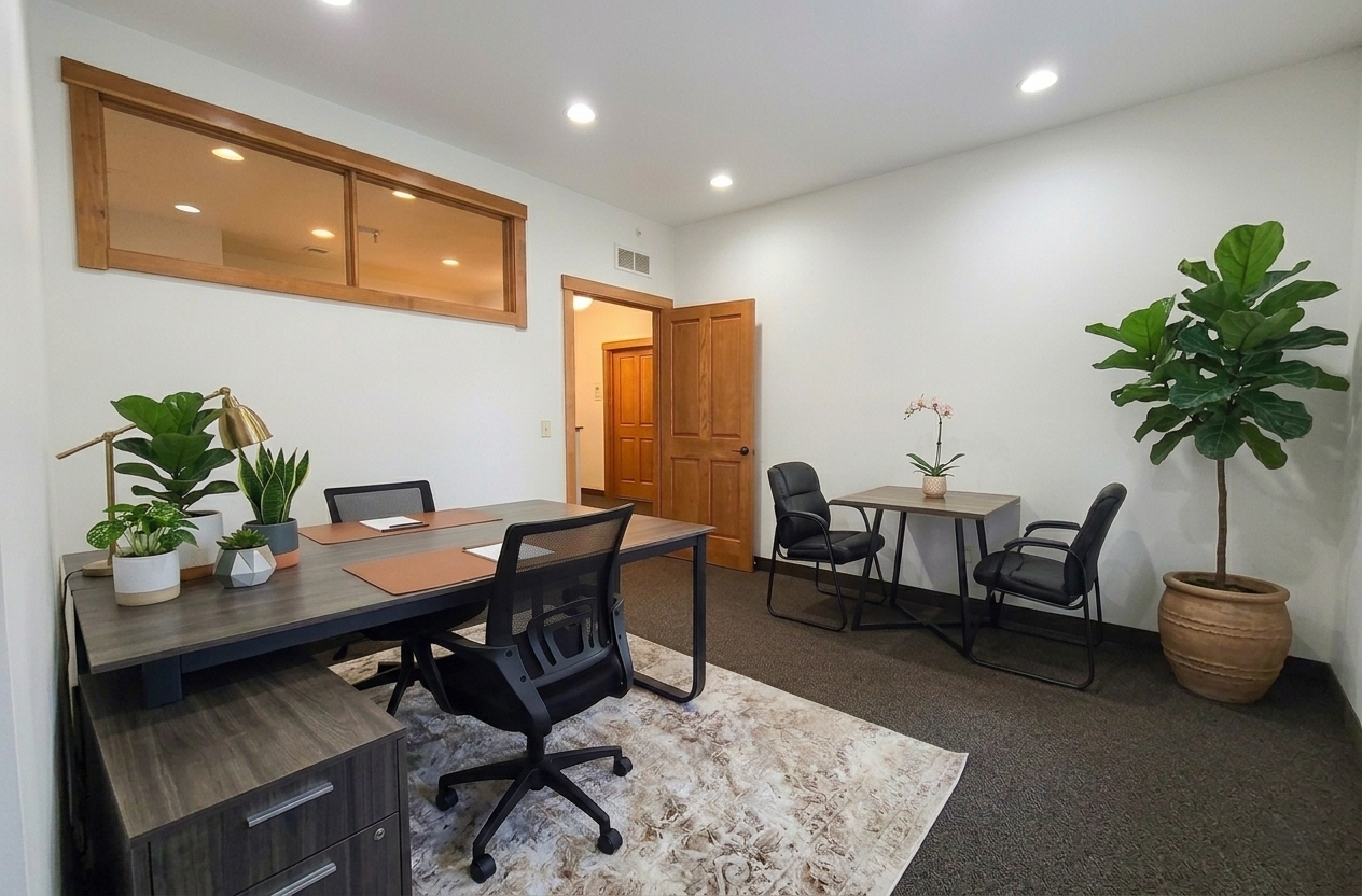 A modern private office space with a desk, office chair, and decorative plants. There is a small table with two chairs and a potted plant, large plant in a clay pot, a door, and a window with wooden trim.