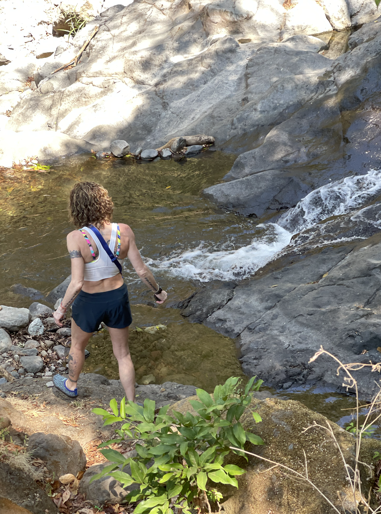 A person with curly hair and tattoos is wading into a creek near rocks and greenery.