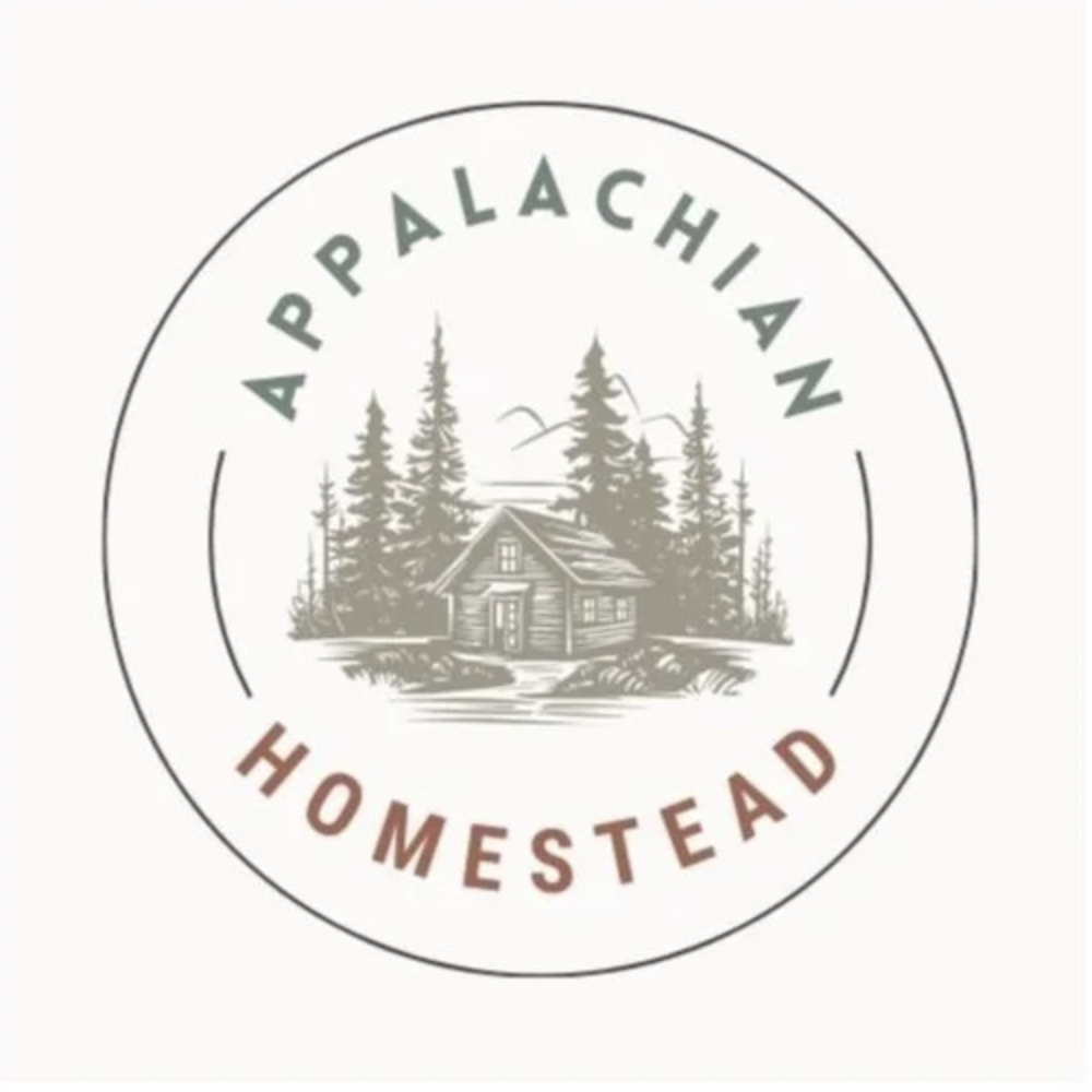 Logo for Appalachian Homestead featuring a rustic cabin in a forested area with tall pine trees and flying birds.