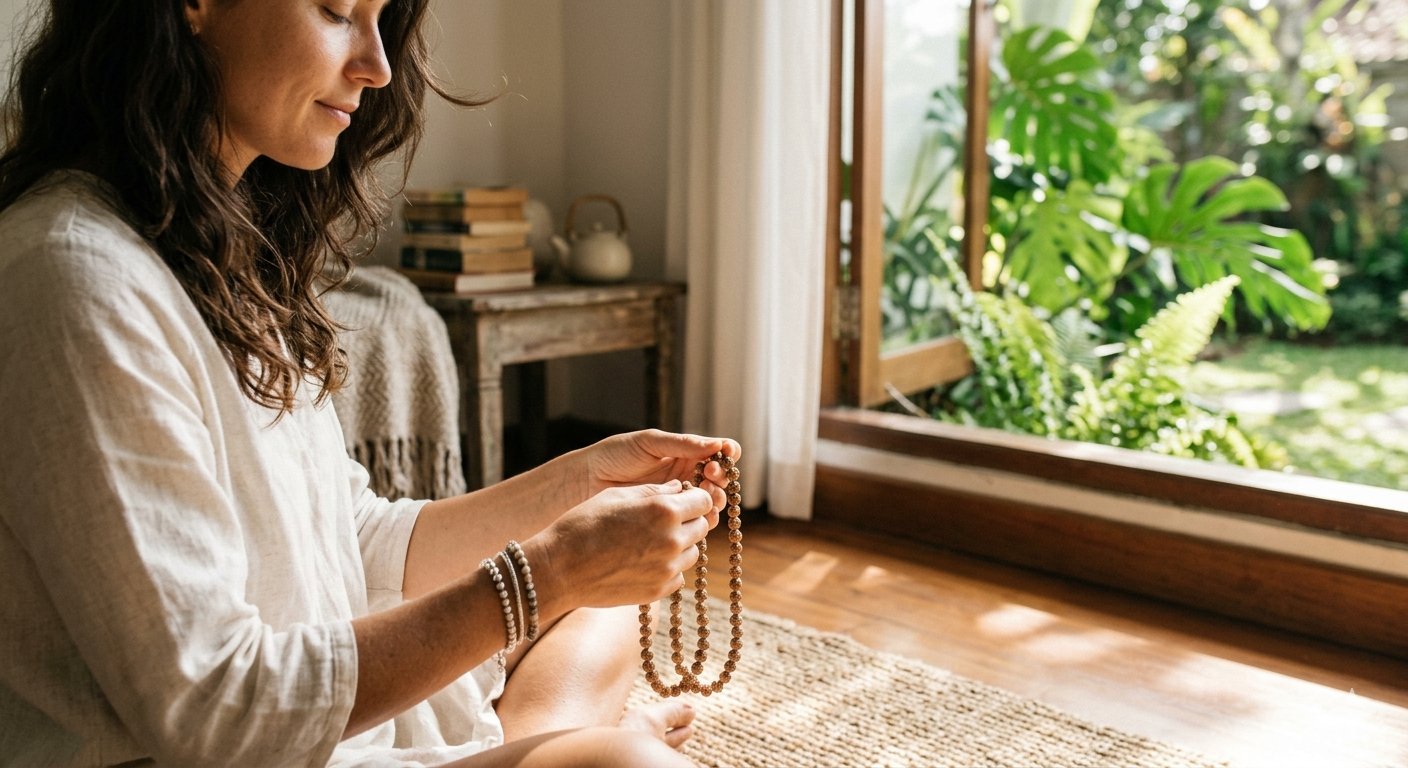 Woman sitting on the floor holding a string of prayer beads near a window with lush green foliage outside.