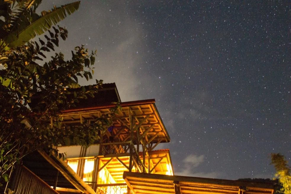 Nighttime view of a wooden house with warm yellow lighting, surrounded by trees, under a starry sky.