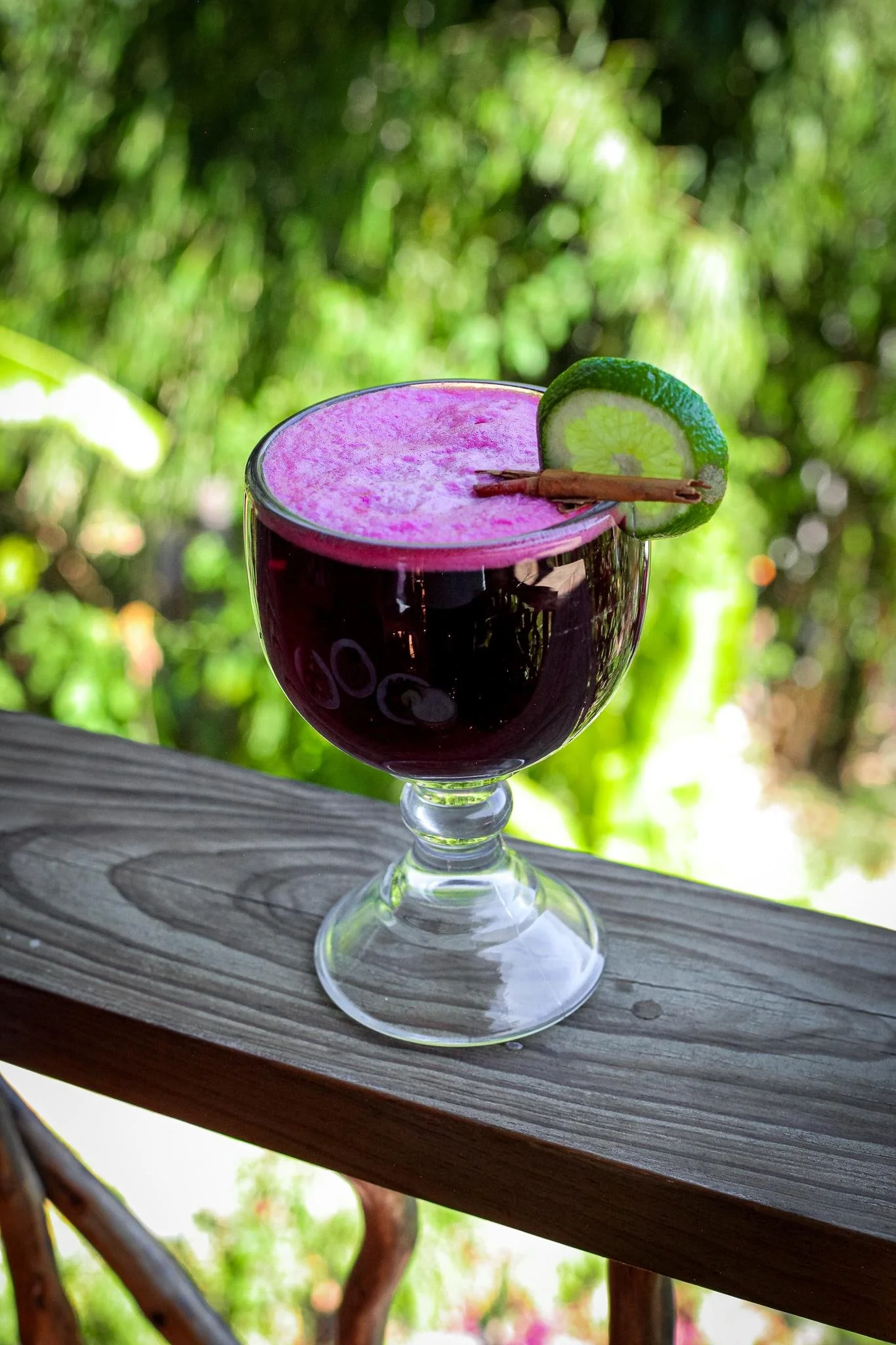 A glass of dark red beverage garnished with a slice of lime and a cinnamon stick, placed on a wooden surface outdoors with green foliage in the background.