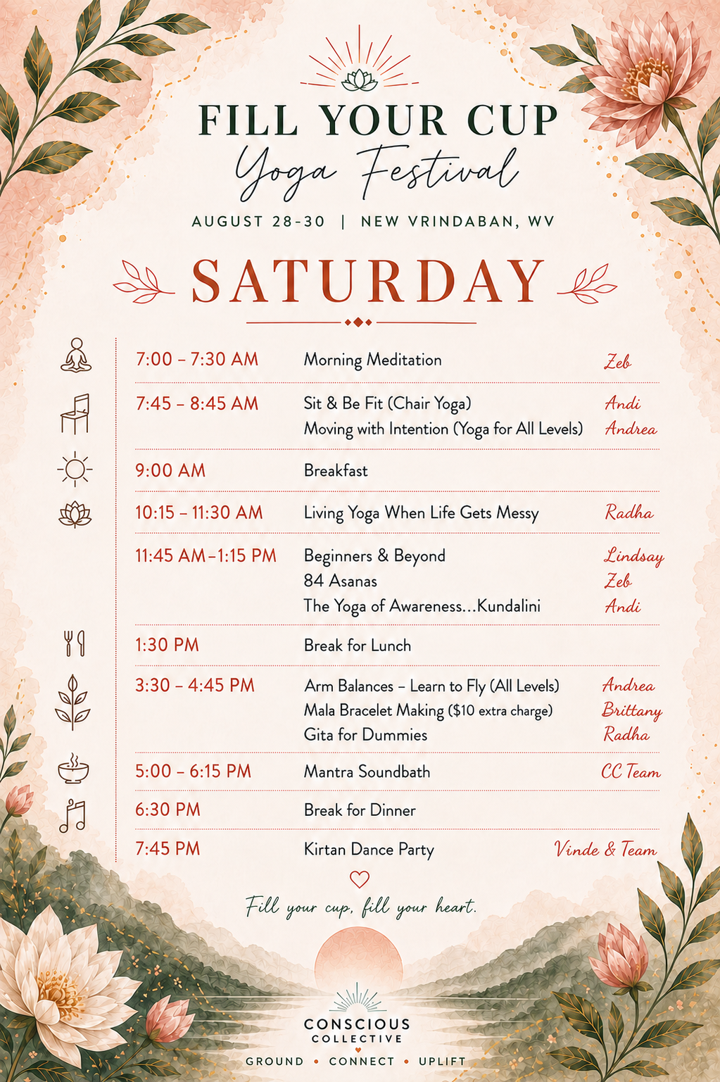 Schedule for the Fill Your Cup Yoga Festival in New Vrindaban, WV from August 28 to 30, featuring meditation, yoga classes, meals, and celebrations, decorated with floral and natural motifs.