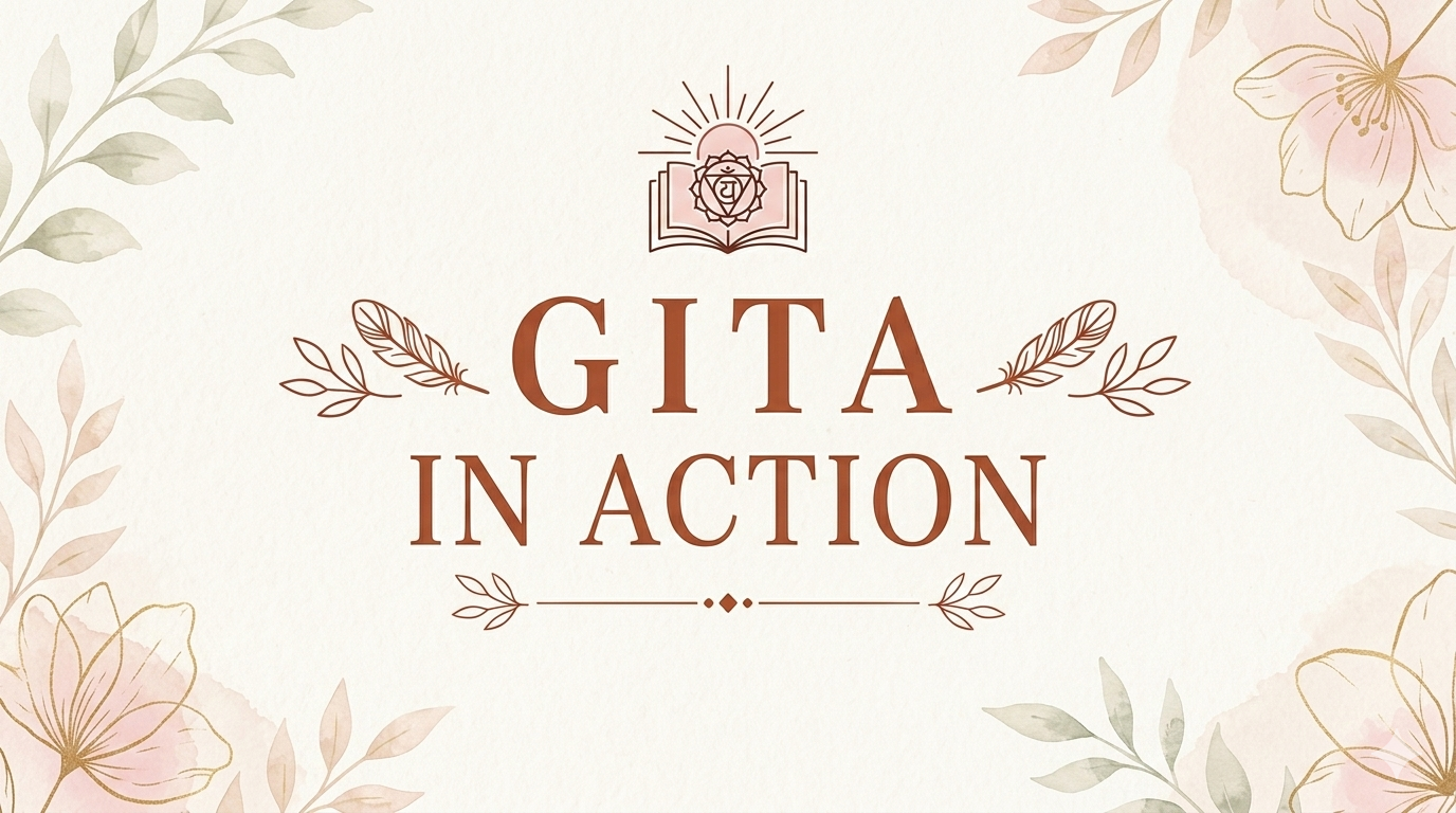 Decorative floral background with the words "GITA IN ACTION" in centered, bold, brown letters. An icon of an open book with a lotus flower and a sun at the top is above the text.