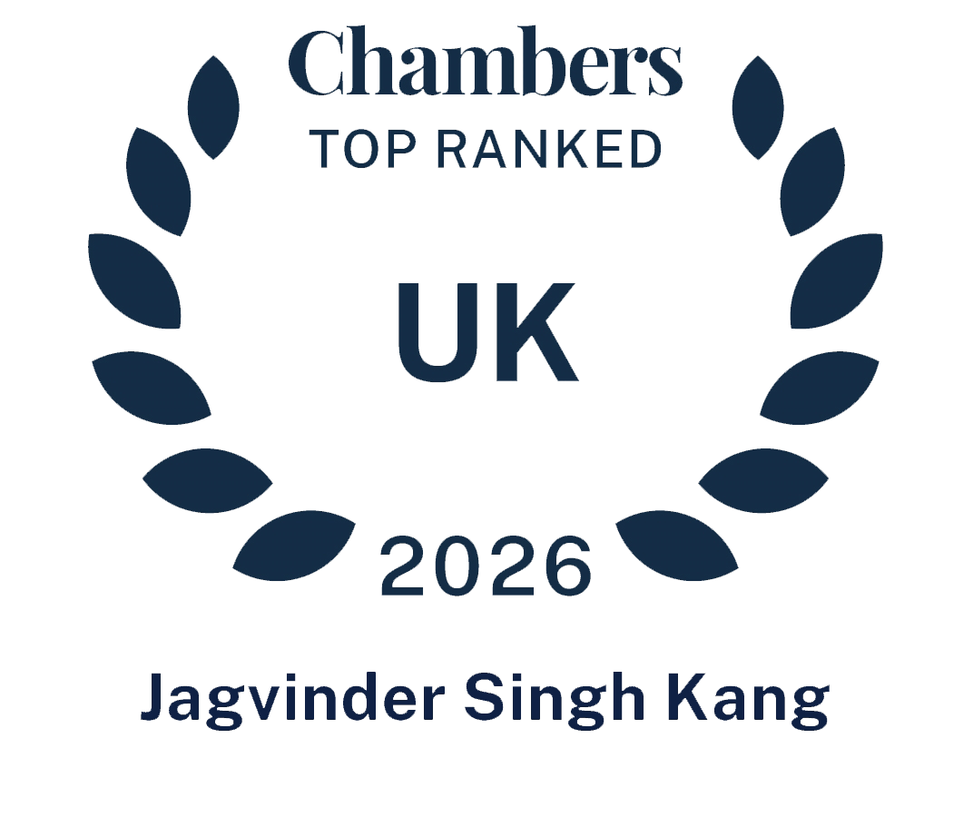 A badge with the text 'Chambers Top Ranked UK 2026' and the name 'Javginder Singh Kang' at the bottom, surrounded by a laurel wreath design.