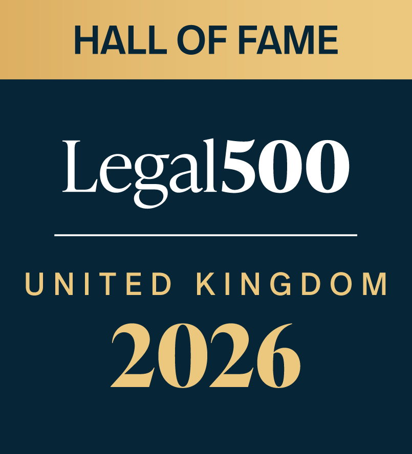 2026 Legal500 Hall of Fame badge for United Kingdom with gold and navy blue design.