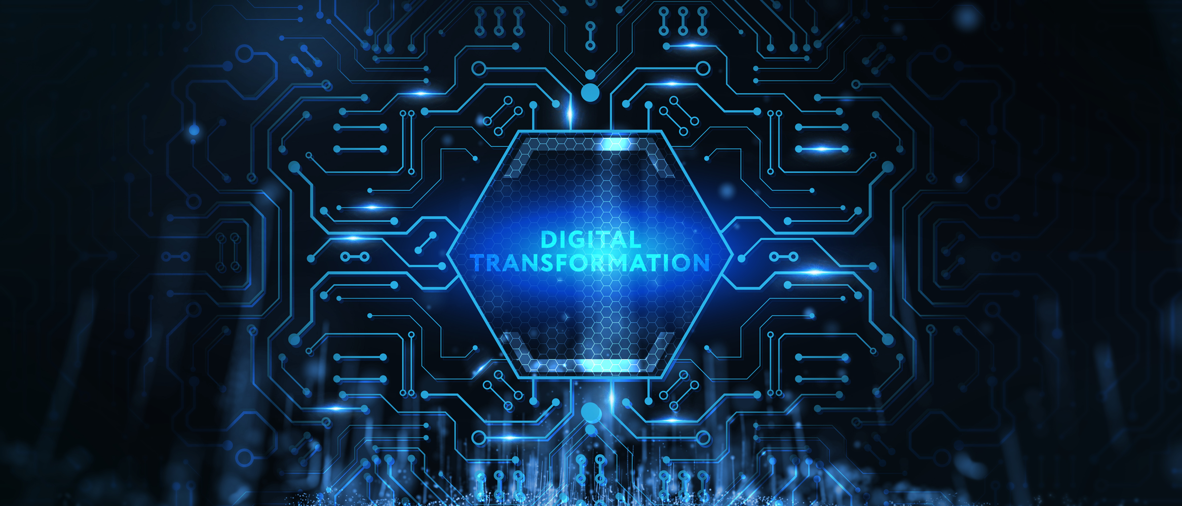 Digital illustration of a hexagon with the words 'Digital Transformation' surrounded by circuitry and glowing blue digital lines.