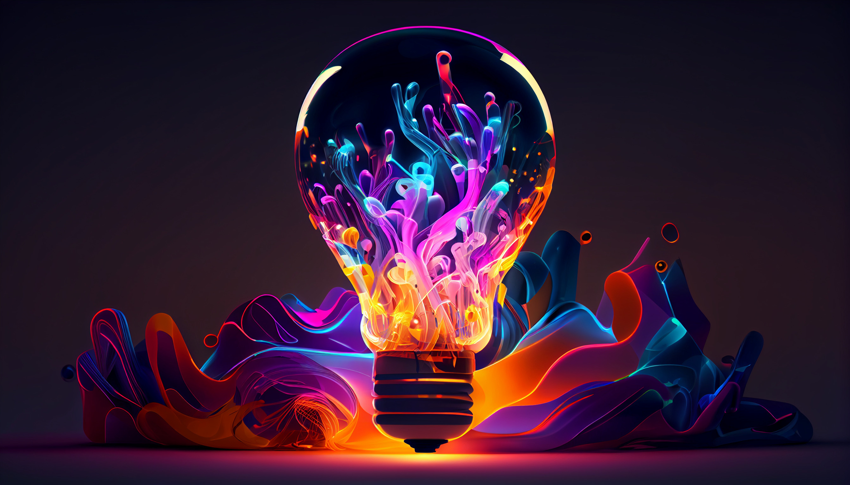 Colorful abstract digital art of a light bulb with a glowing filament, surrounded by vibrant, swirling light patterns and colors on a dark background.