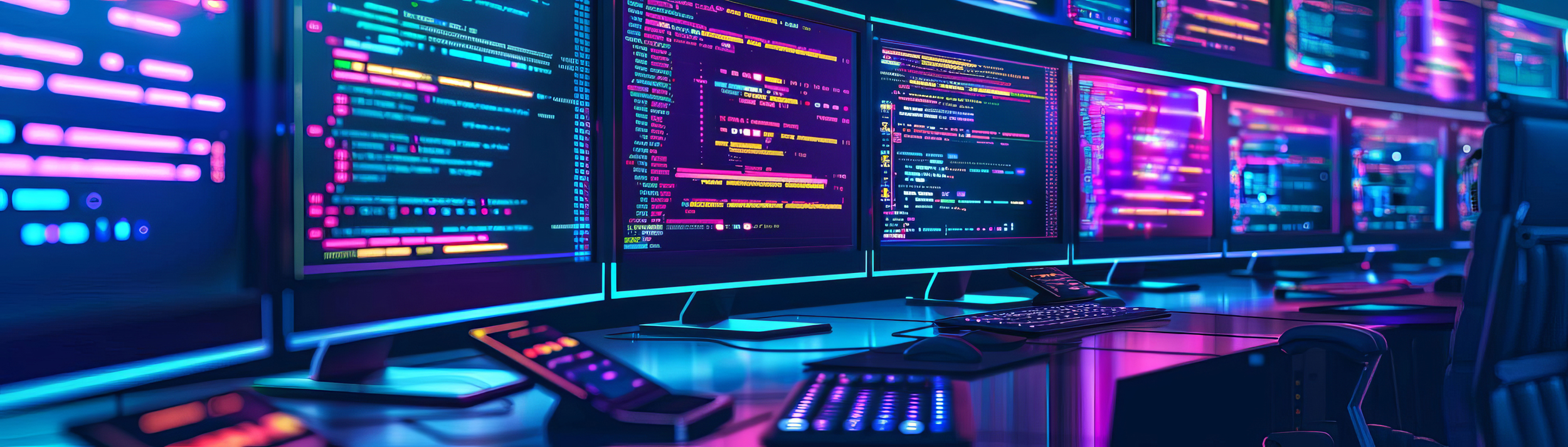 Multiple computer screens displaying colorful lines of code in a dark room with neon purple, blue, and pink lighting.