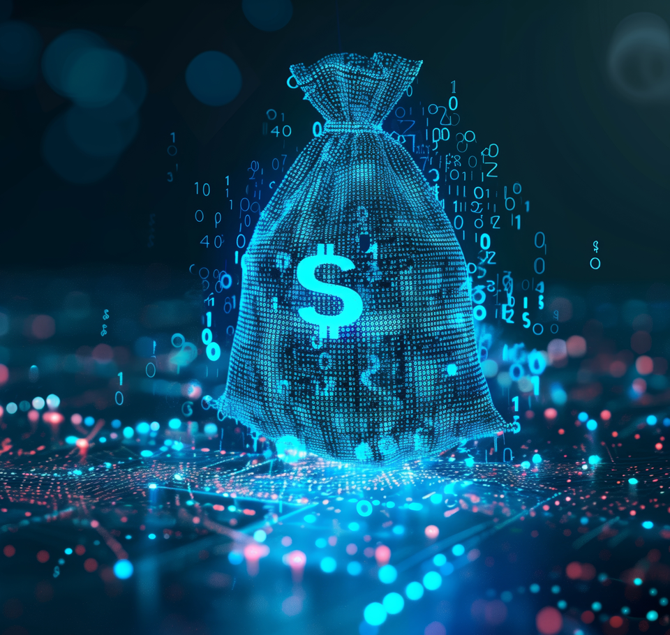 Digital illustration of a money bag with a dollar sign, made of glowing blue digital numbers and binary code, representing digital currency or online finance.