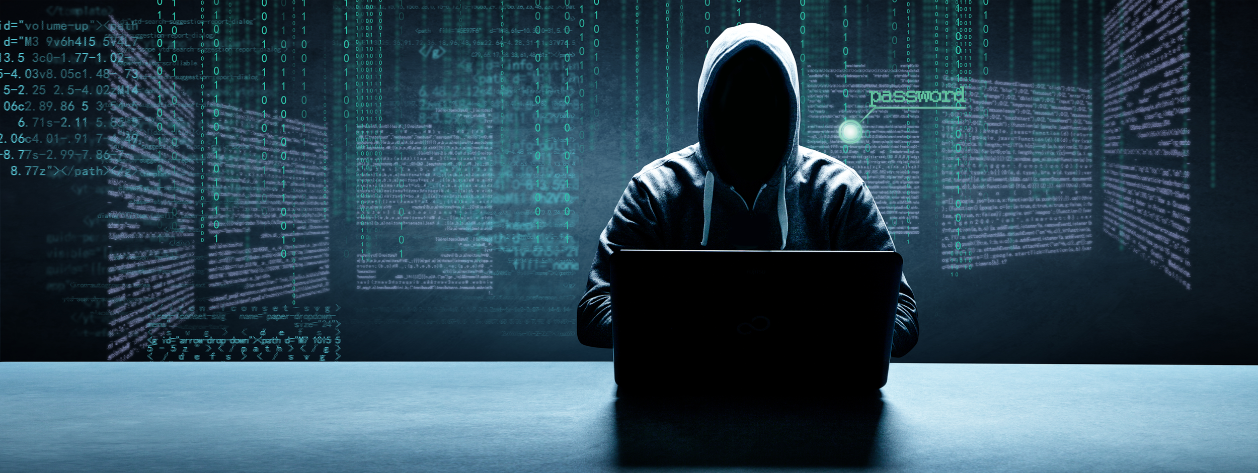 A person wearing a hoodie with their face obscured, sitting at a laptop in a dark room. The background is filled with digital code and data streams, with the word 'password' visible.