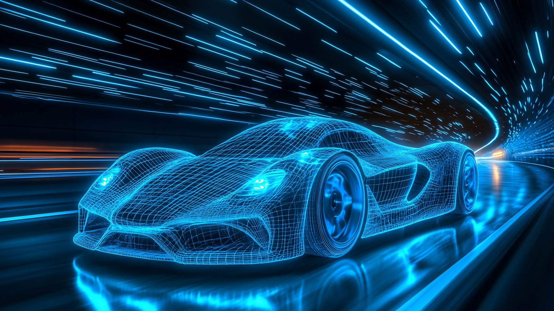 A digital, wireframe model of a futuristic racing car in neon blue, speeding through a tunnel with streaks of light indicating high velocity.