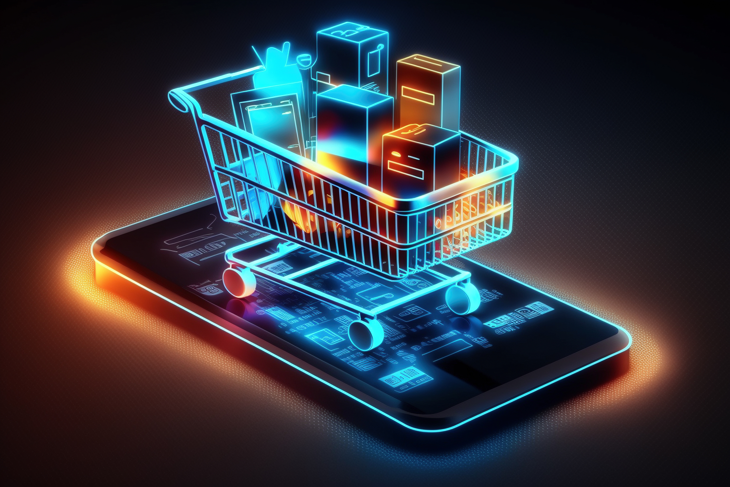 A digital neon illustration of a shopping cart filled with boxes on a smartphone screen, representing online shopping or e-commerce.