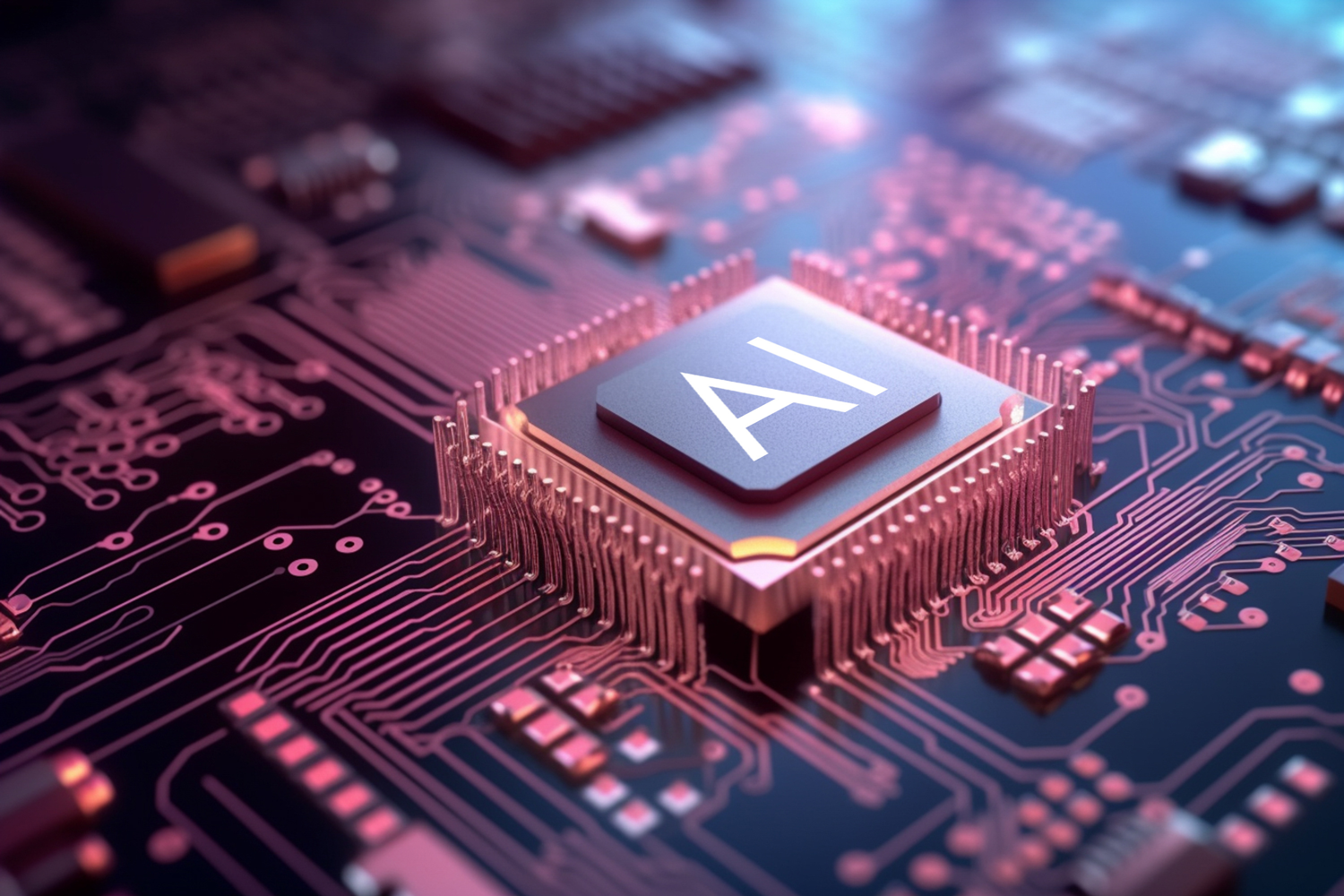 Close-up of a computer chip with an AI label, surrounded by pink circuit connections on a circuit board.