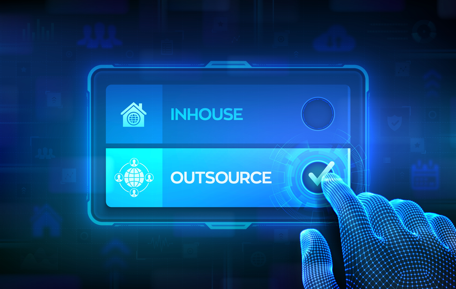 Digital illustration of a touchscreen interface with options labeled 'Inhouse' and 'Outsource'; a finger in a wireframe style is selecting the 'Outsource' option, with a technological and futuristic theme.