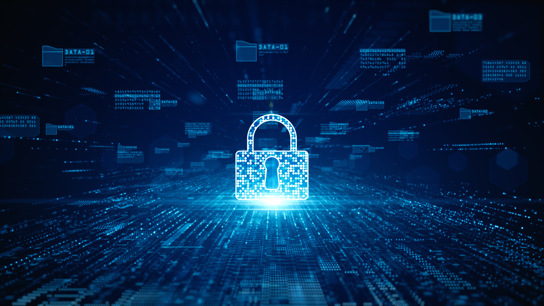 Digital graphic of a glowing lock icon with a keyhole, surrounded by floating data files and digital codes, representing cybersecurity and data protection.