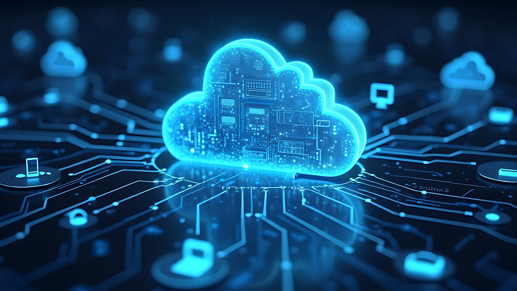 Digital illustration of a glowing blue cloud icon representing cloud computing, with electronic circuitry and network symbols in the background.
