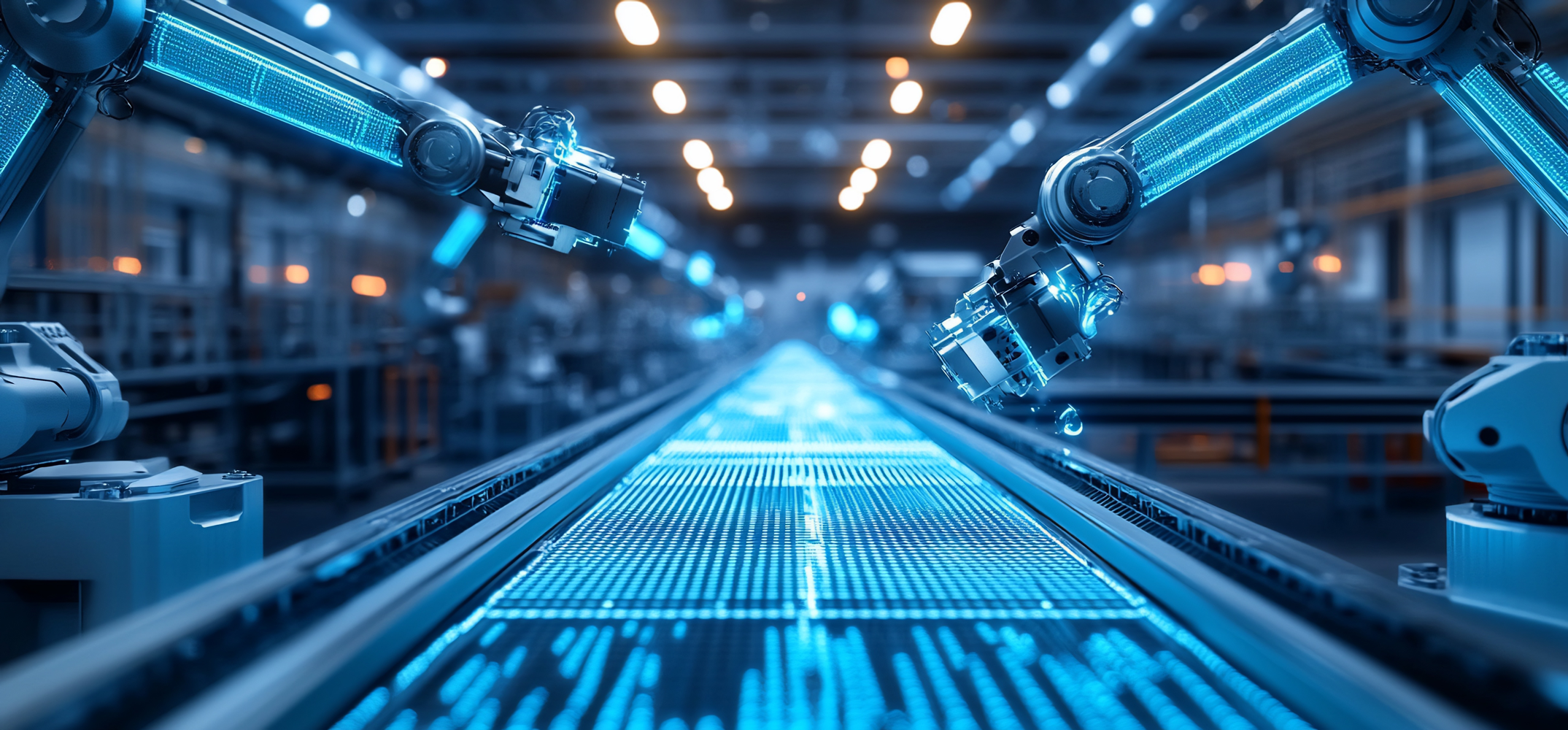 Multiple robotic arms assembling a conveyor belt in a high-tech factory, with blue lighting and a futuristic atmosphere.
