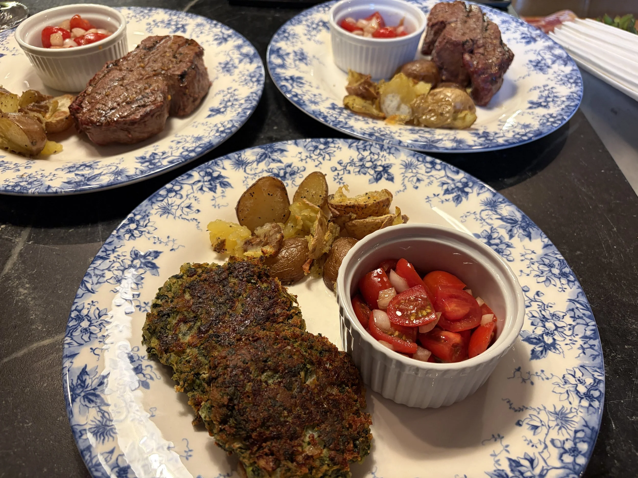 Filet Mignon with Smashed Potatoes and Tomato Salad