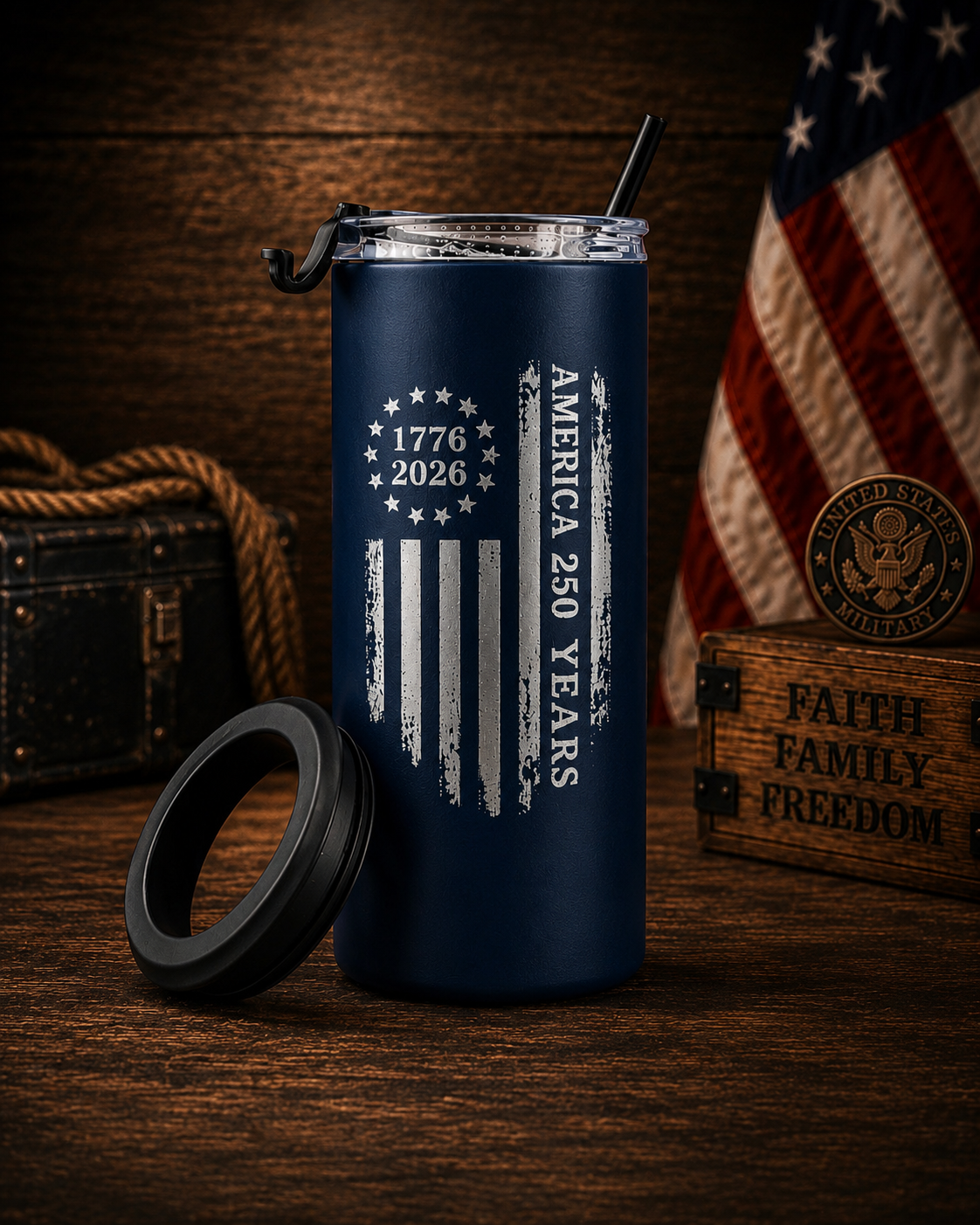 250 Years America 4-in-1 Can Cooler | Custom Engraved Patriotic Stainless Steel Tumbler & Bottle Cooler