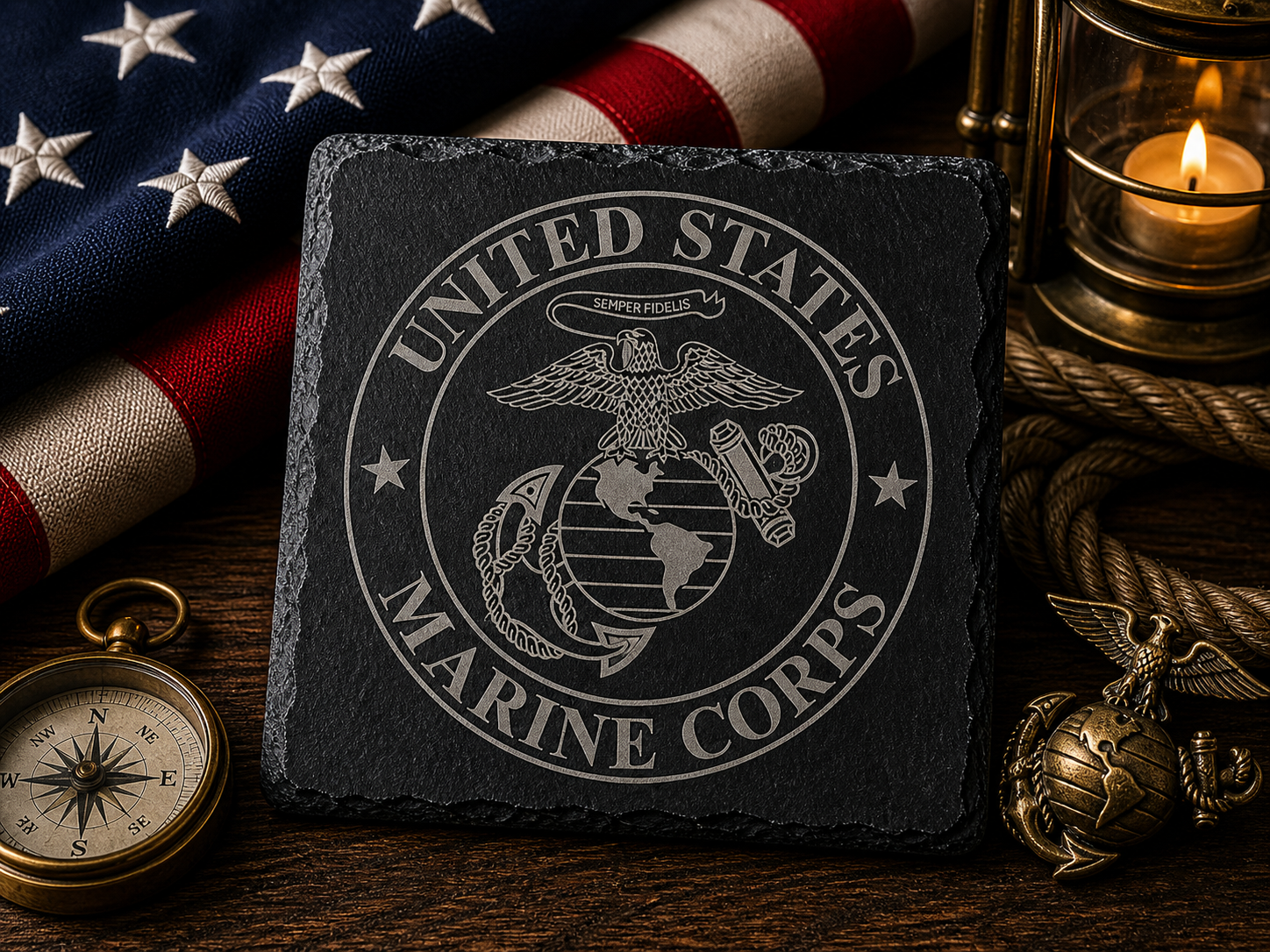 Engraved Marine Corps Slate Coaster | USMC Gift | Marine Veteran Gift | Semper Fi Bar Decor