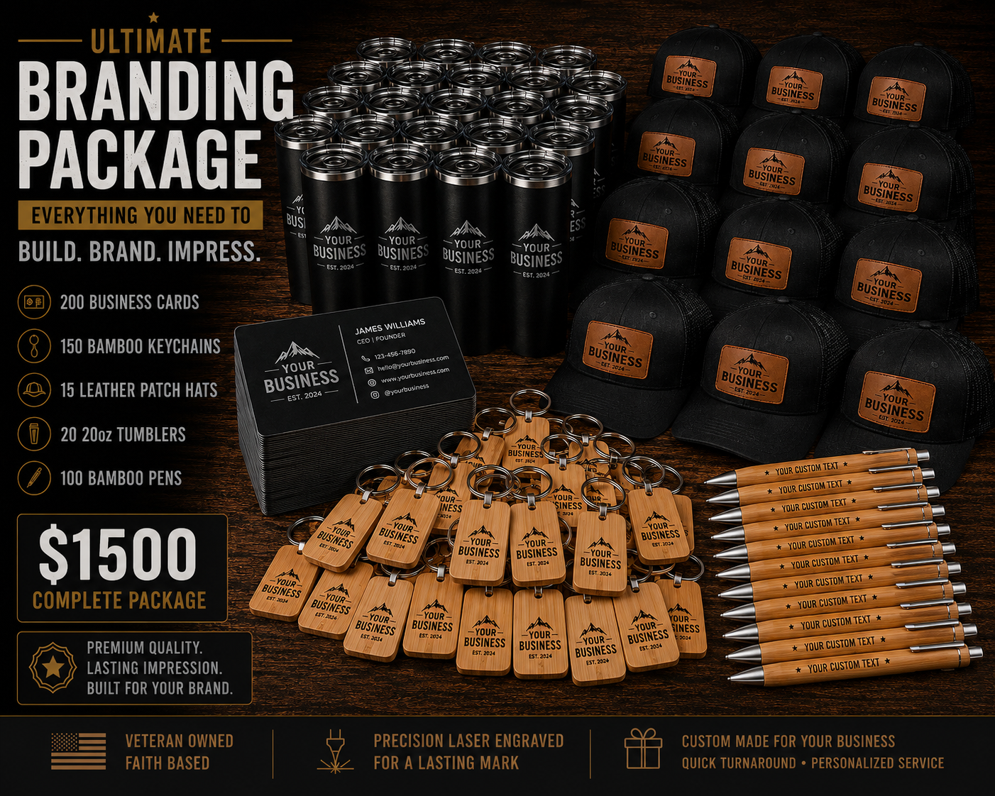 Ultimate Business Branding Package | 200 Metal Business Cards, 20 Tumblers, 15 Leather Patch Hats, 150 Bamboo Keychains & 100 Engraved Bamboo Pens