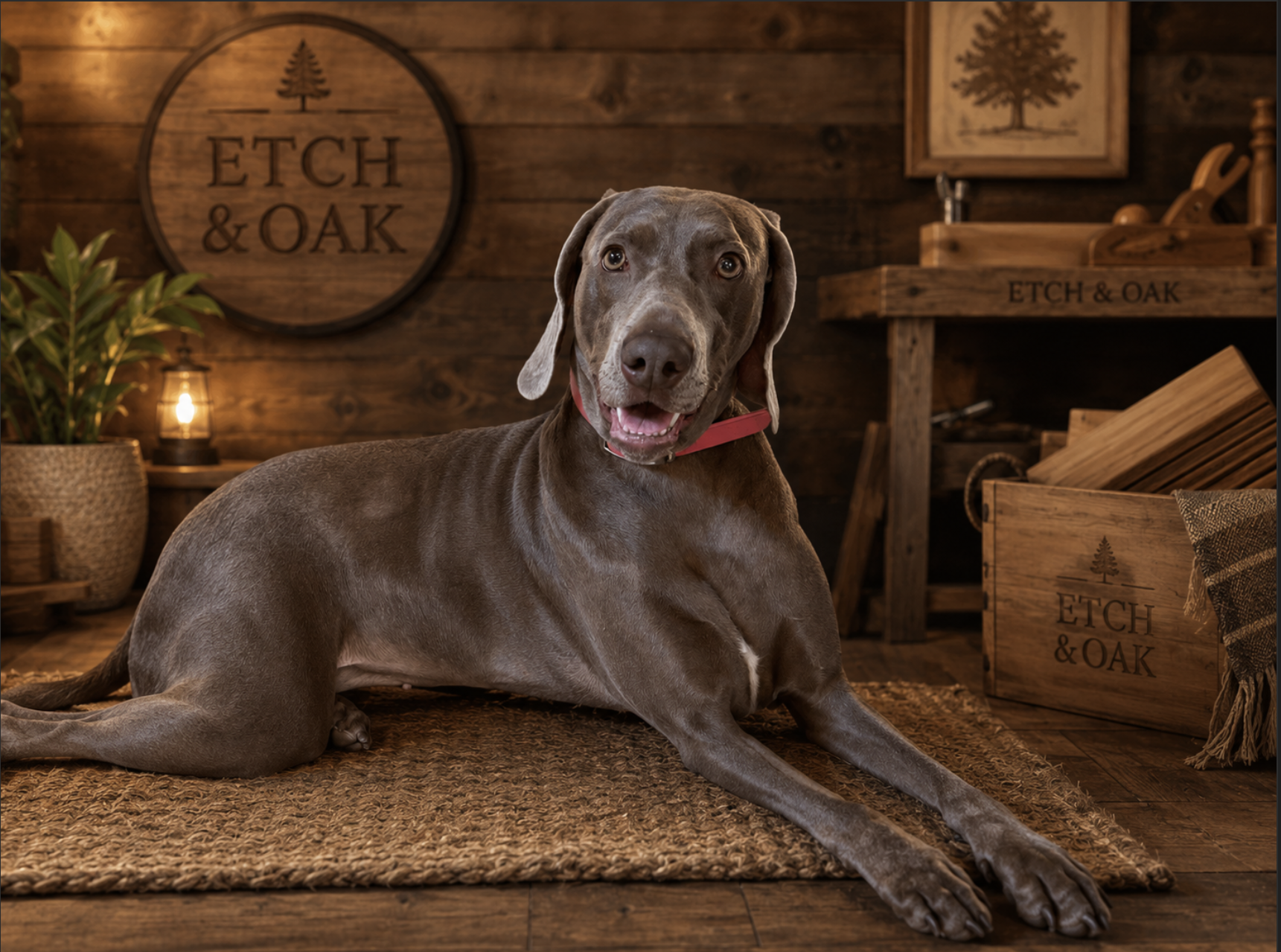 Weimaraner dog sitting in front of the Etch and Oak logo representing premium personalized gifts and custom laser engraving