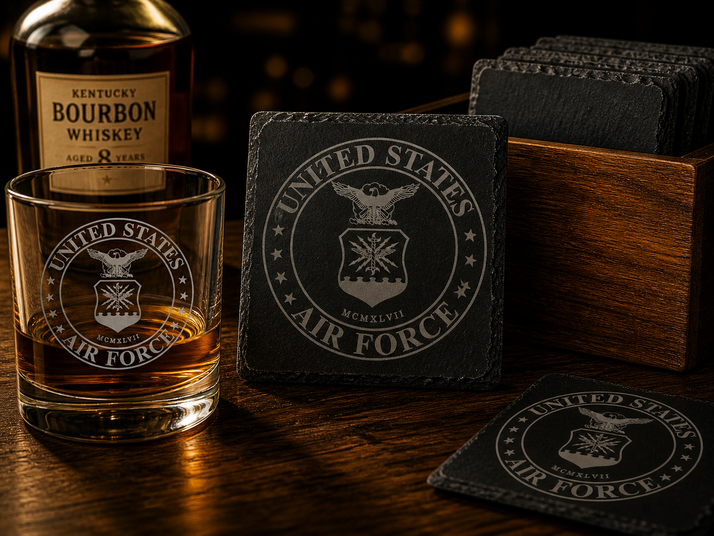 Engraved Air Force Slate Coaster | Airman Gift | Military Retirement Gift | Veteran Bar Decor