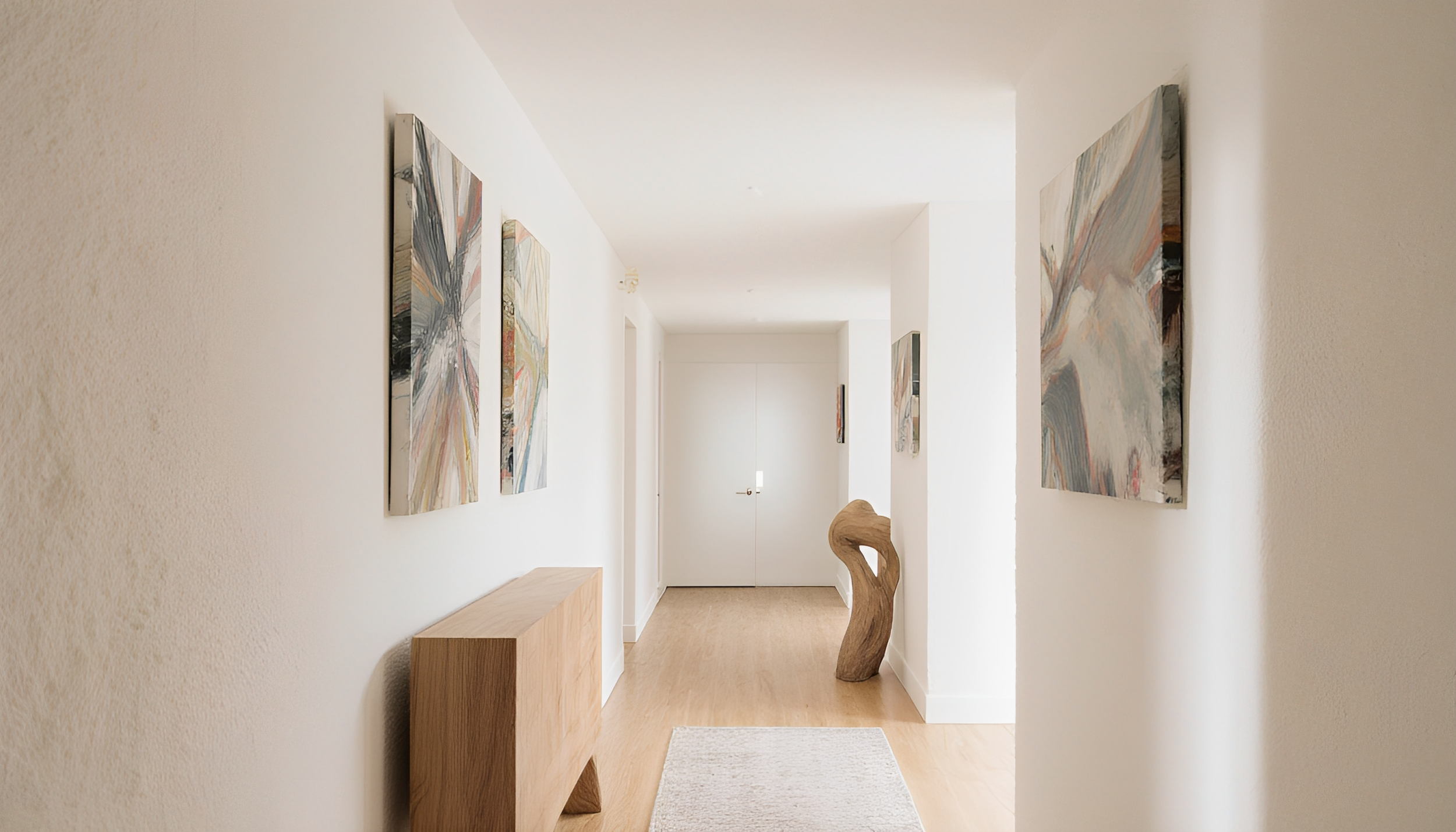 A hallway with white walls decorated with abstract paintings, wooden furniture, and a beige carpet.