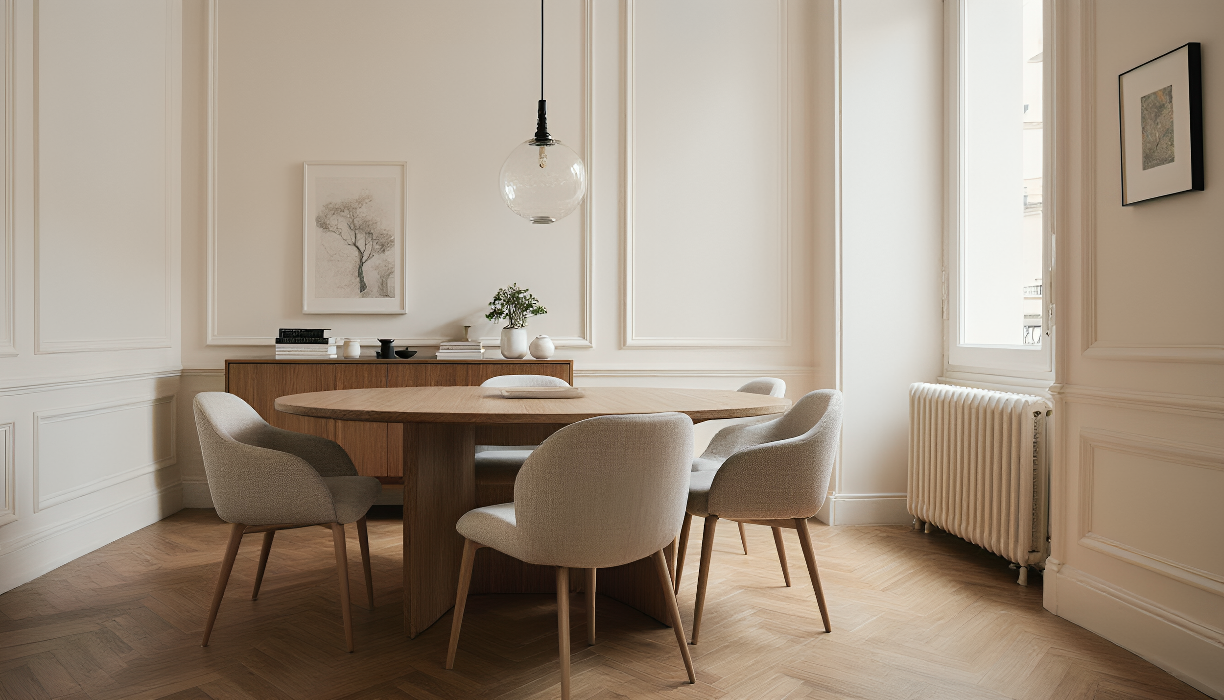 A dining room with a round wooden table surrounded by six beige upholstered chairs, featuring wall art, a hanging pendant light, a sideboard with decor, and a large window letting in natural light.