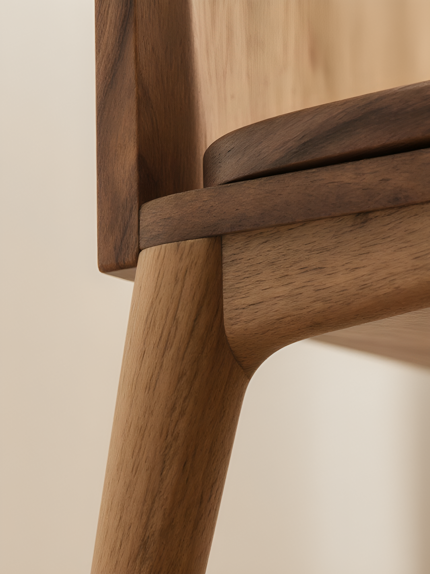 Close-up view of wooden furniture joints, showing different shades and grain patterns of wood with a smooth finish.