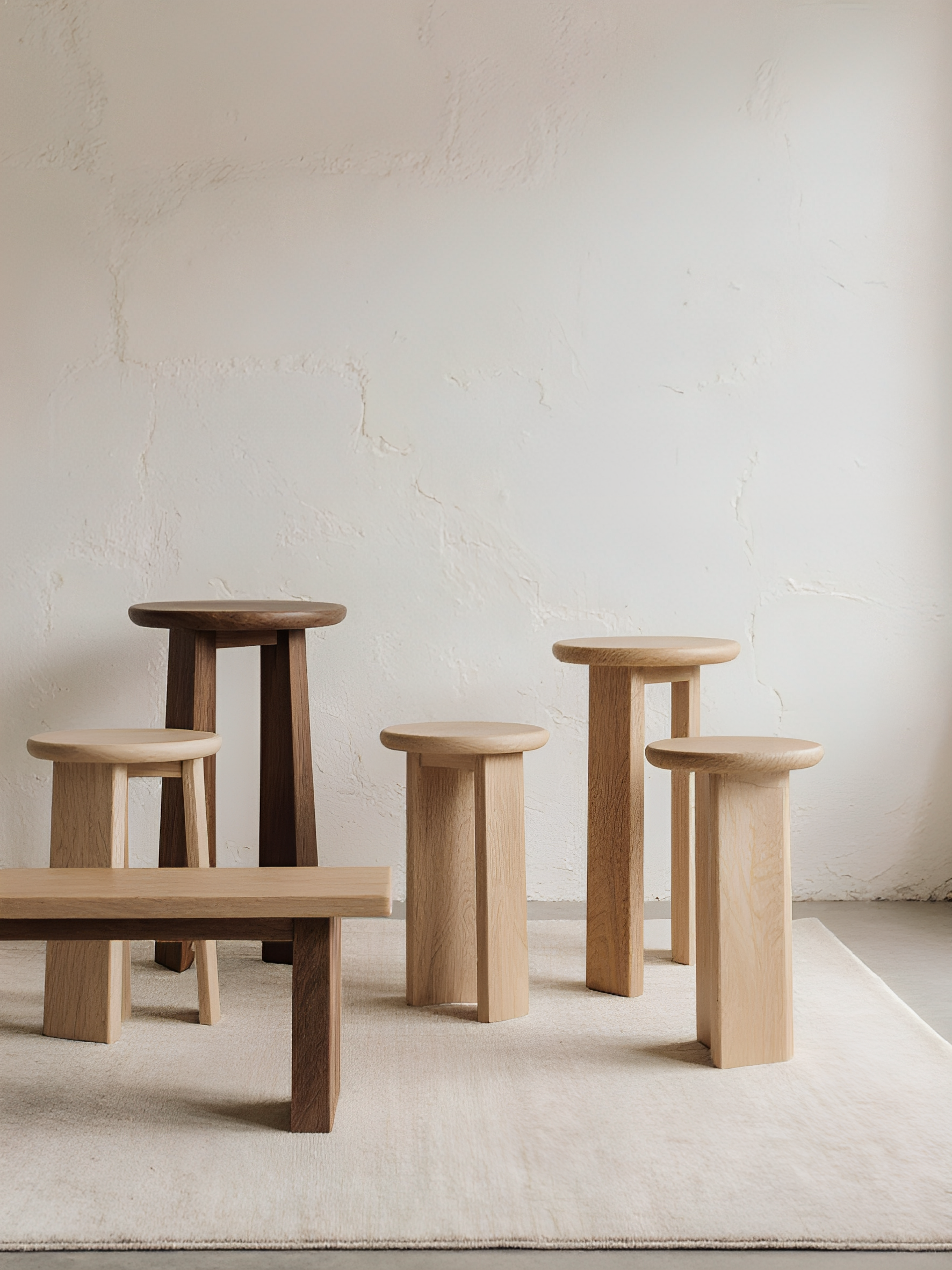 Several wooden stools with round seats and rectangular legs arranged on a light-colored rug in front of a textured off-white wall.