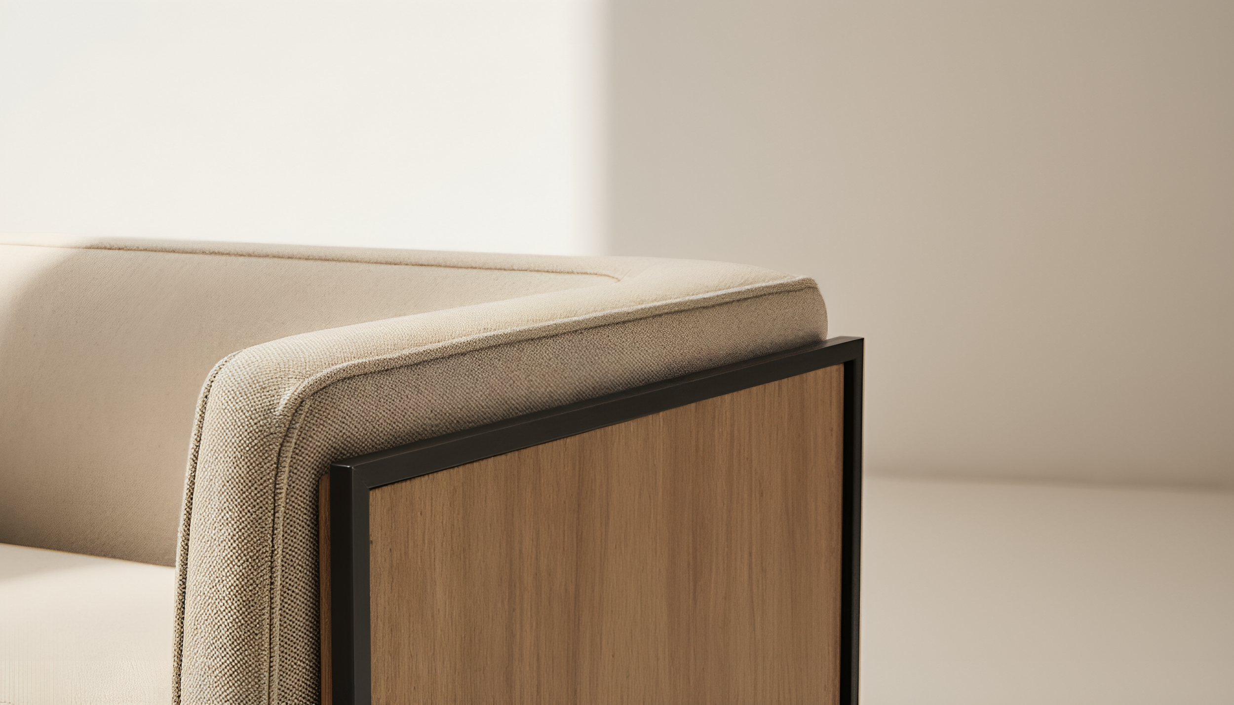 Close-up of a beige upholstered headboard with a wooden frame against a plain light-gray wall.