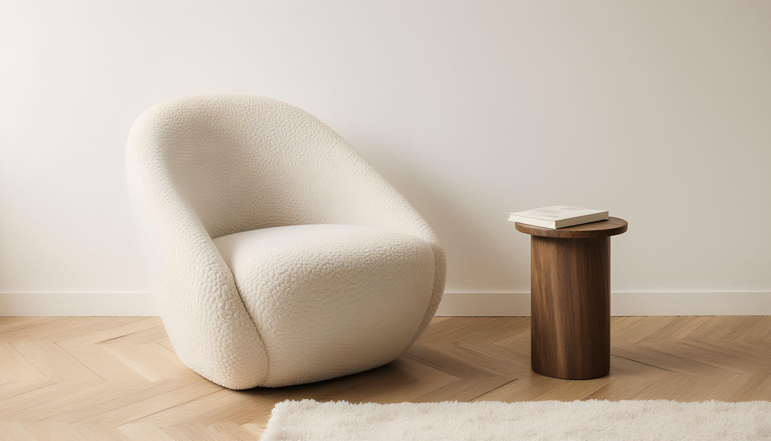 A minimalist interior space featuring a textured cream-colored armchair and a small round wooden side table with a closed book on top, set against a plain light beige wall and a light wood floor with a white rug.