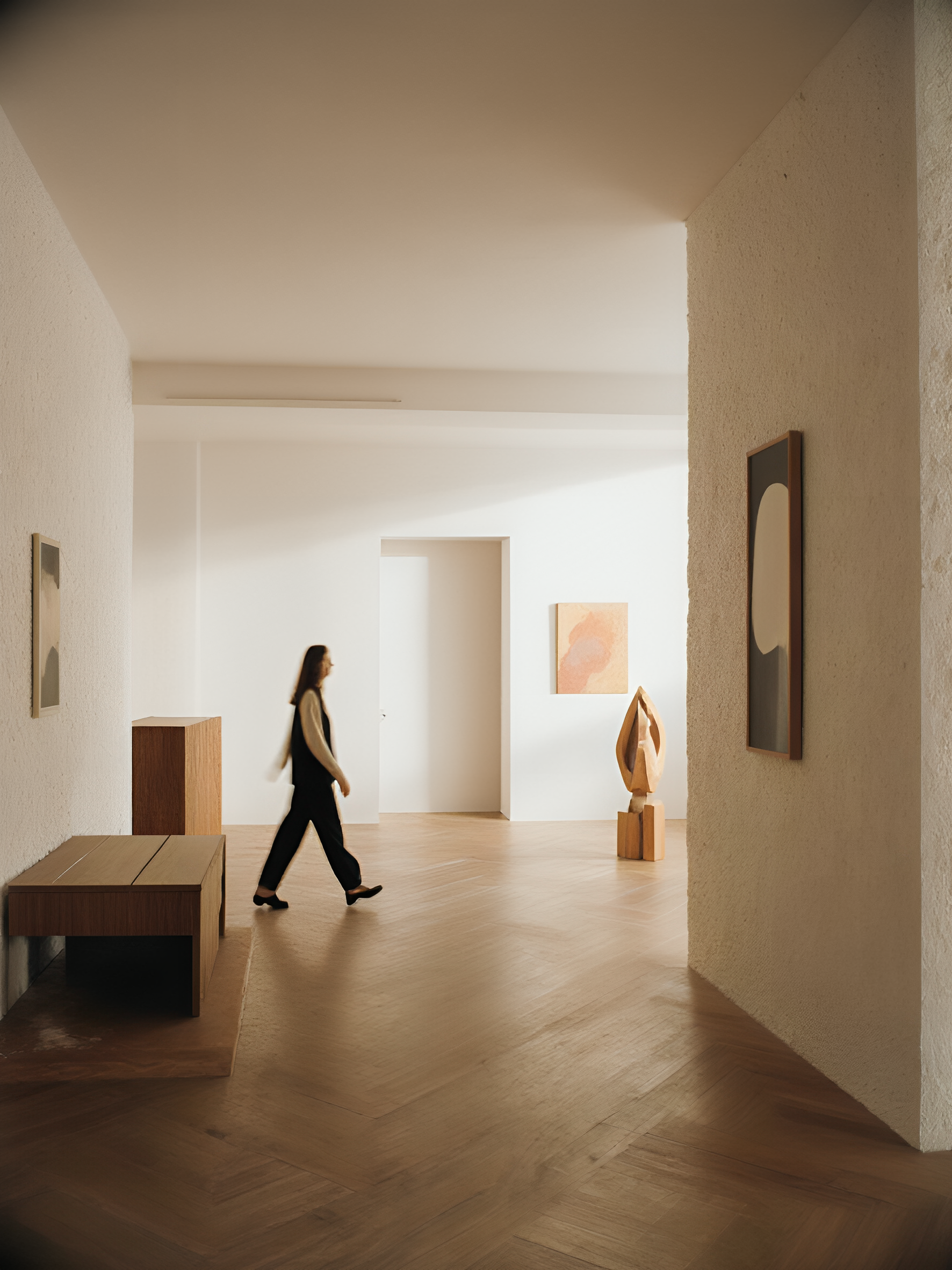 An art gallery interior with a light-colored wooden floor, textured white walls, and a curved wall section. There are framed artworks hanging on the walls, a wooden bench, and a person walking past. The scene is softly lit, emphasizing the artwork and minimal decor.