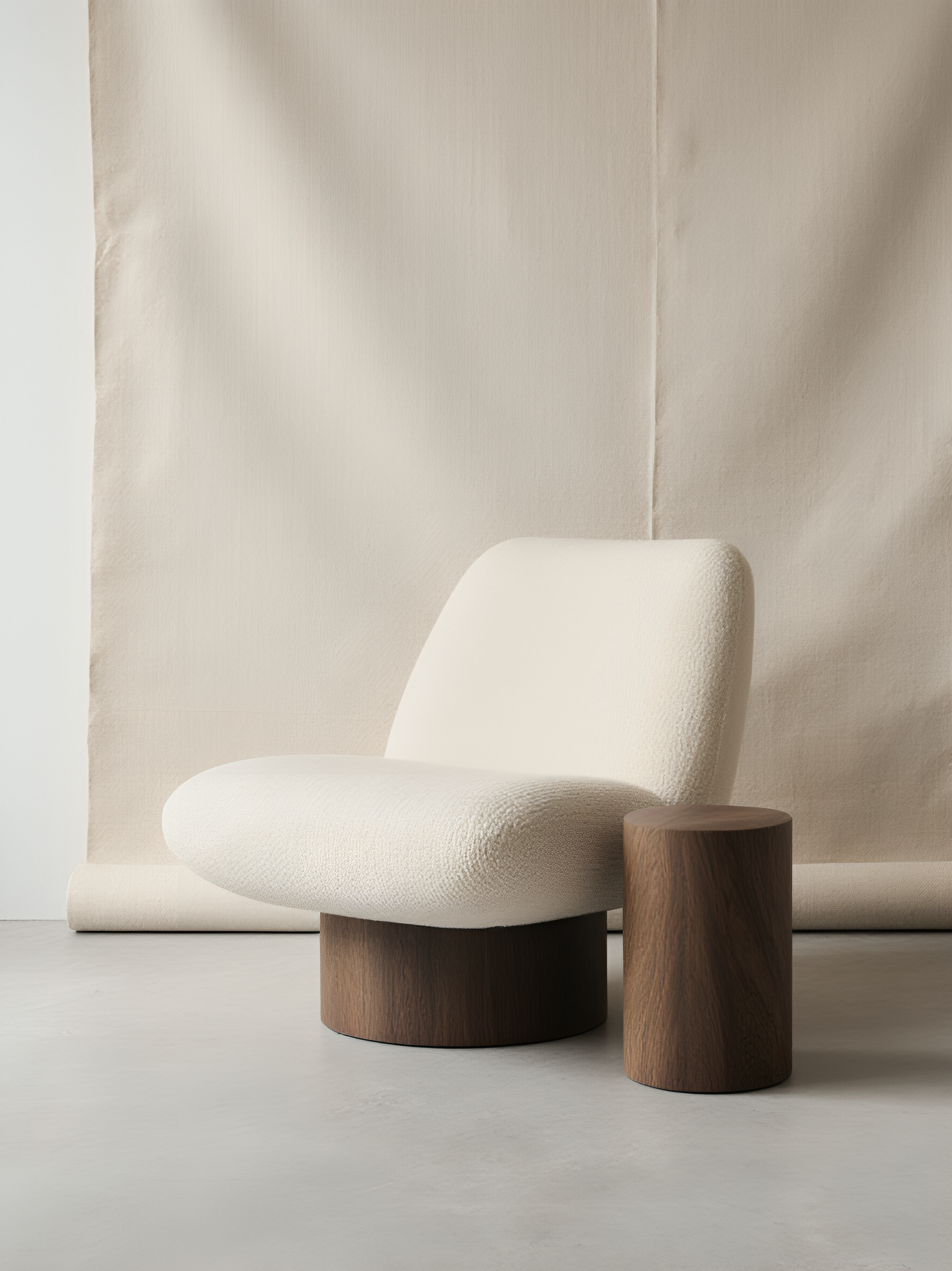 Minimalist interior with a white upholstered armchair, a beige curtain or wall, and two wooden cylindrical tables of different sizes.