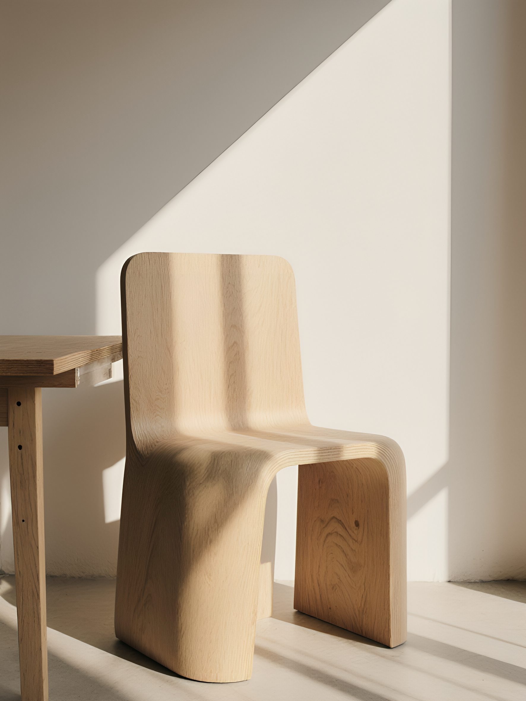 A modern wooden chair with a curved design, positioned next to a matching wooden table in a well-lit room with minimal decor.