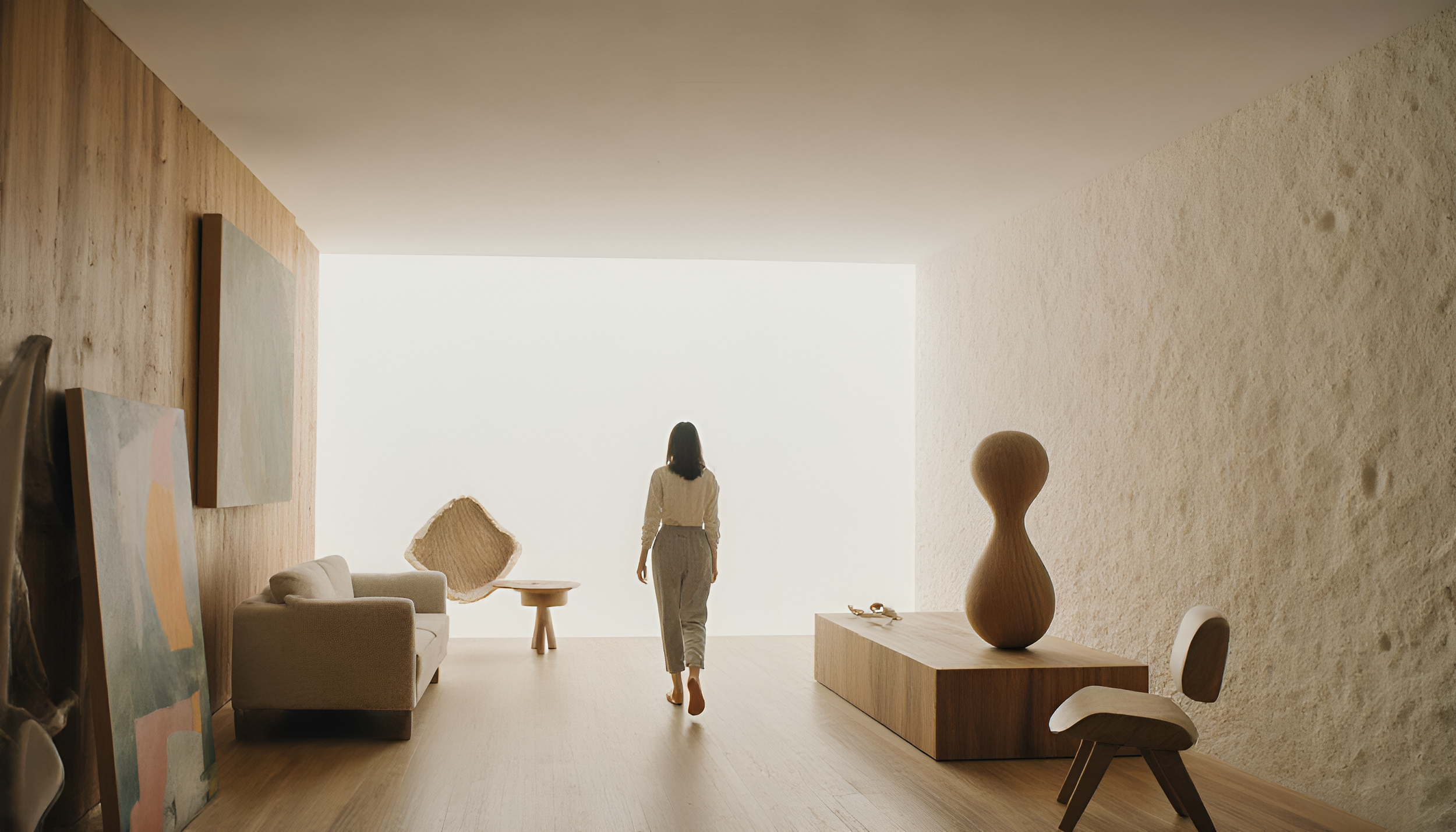 A woman walking through a minimalist, contemporary living space with neutral-colored furniture, abstract art leaning against the wall, and large natural light from a window. Decor includes wooden sculptures and a textured wall.