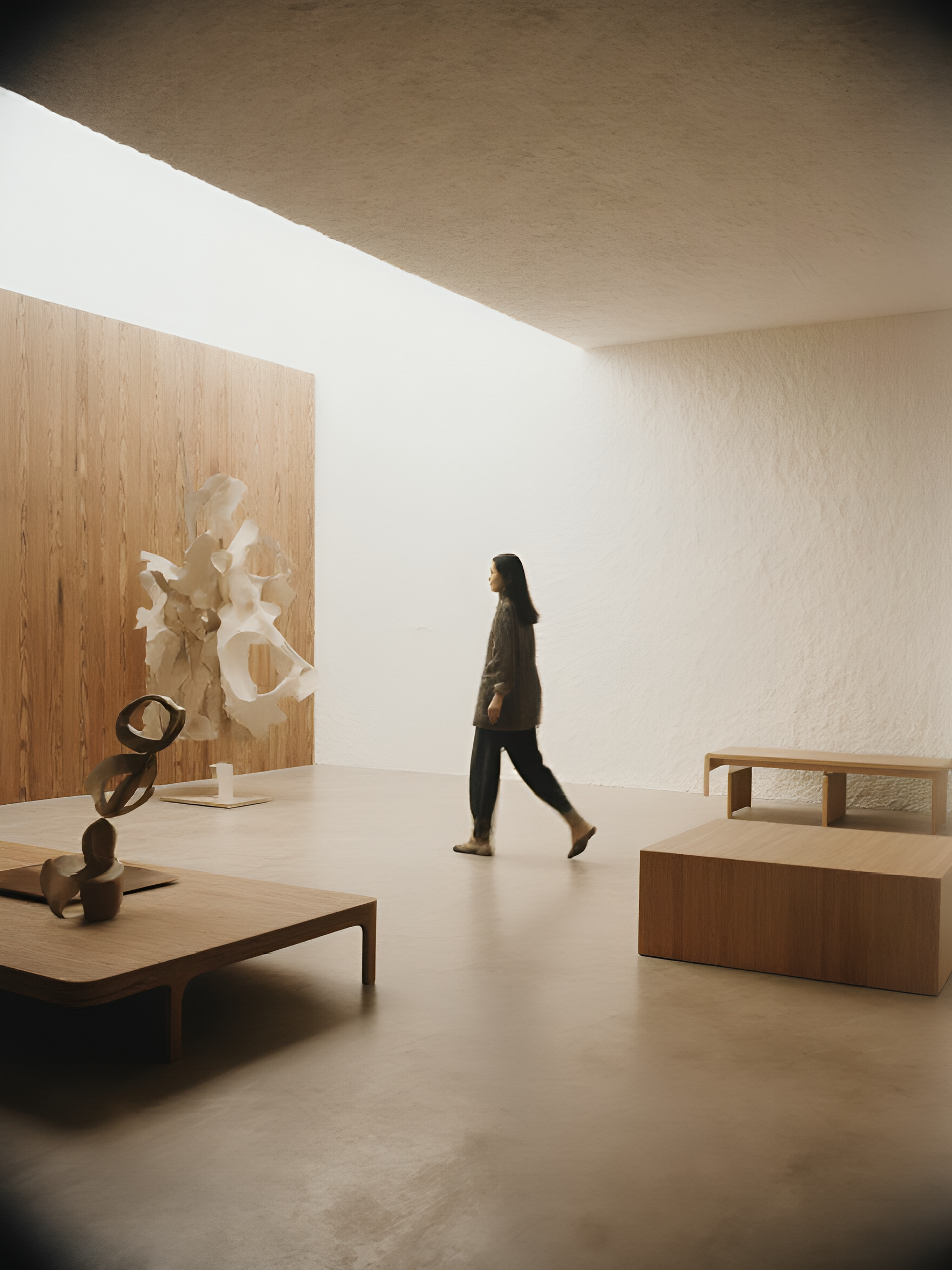 A woman walking through a minimalist art gallery with white walls, with abstract sculptures on low tables.