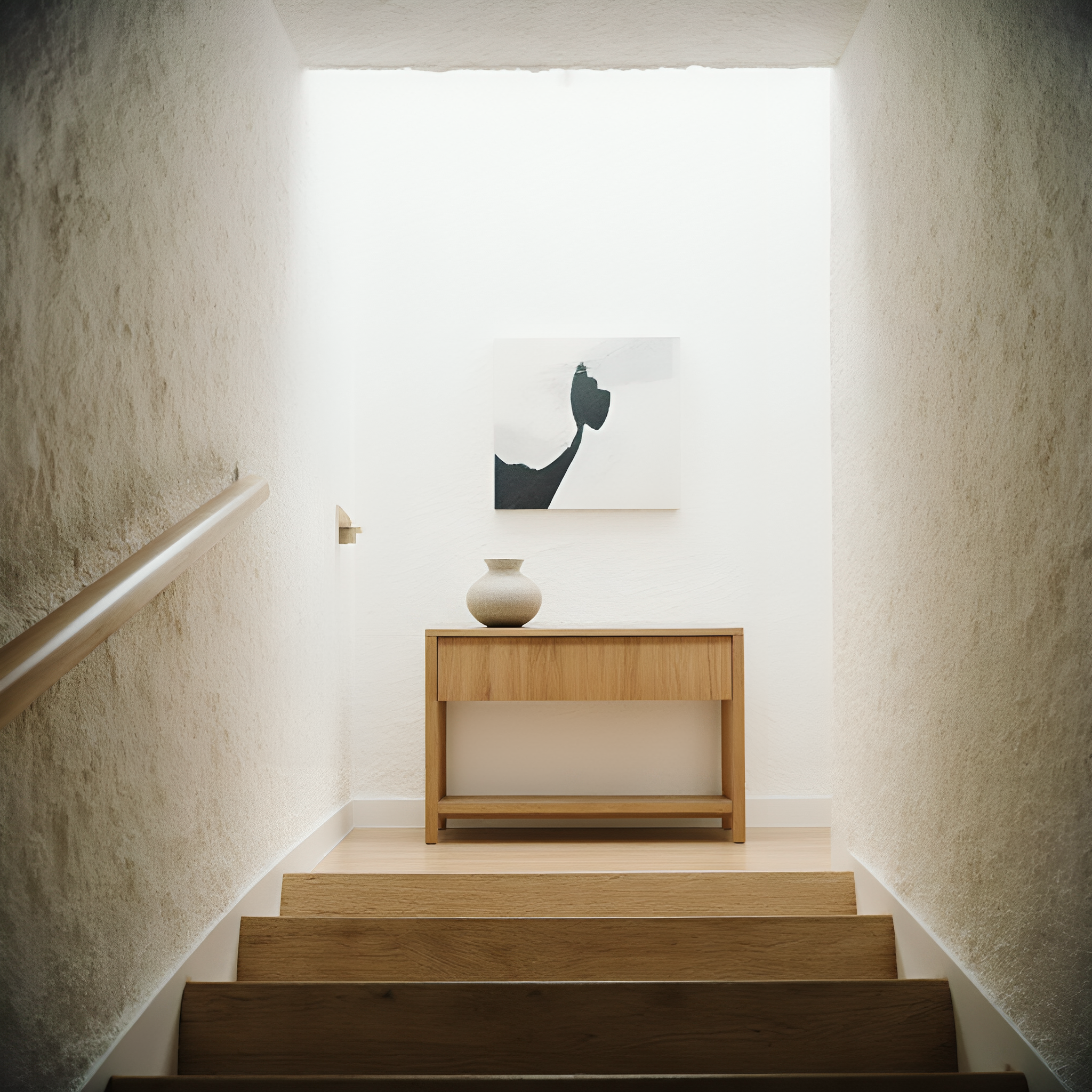 Interior view of a staircase with wooden steps, surrounded by white walls, leading up to a bright opening with artwork visible on the wall at the top.