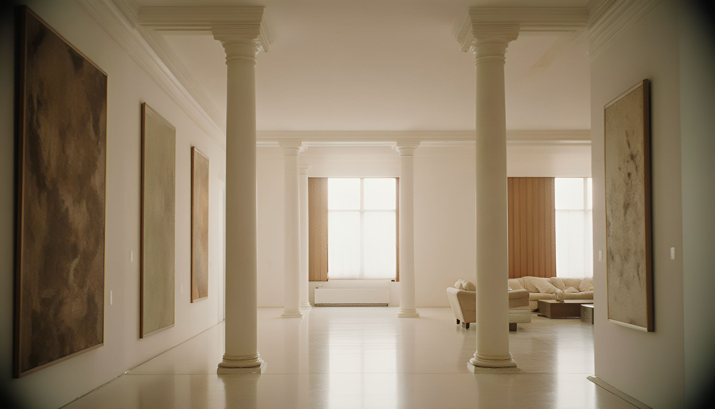 Interior of a bright, elegant living room with white architectural columns, artwork on the walls, and beige furniture near large windows.