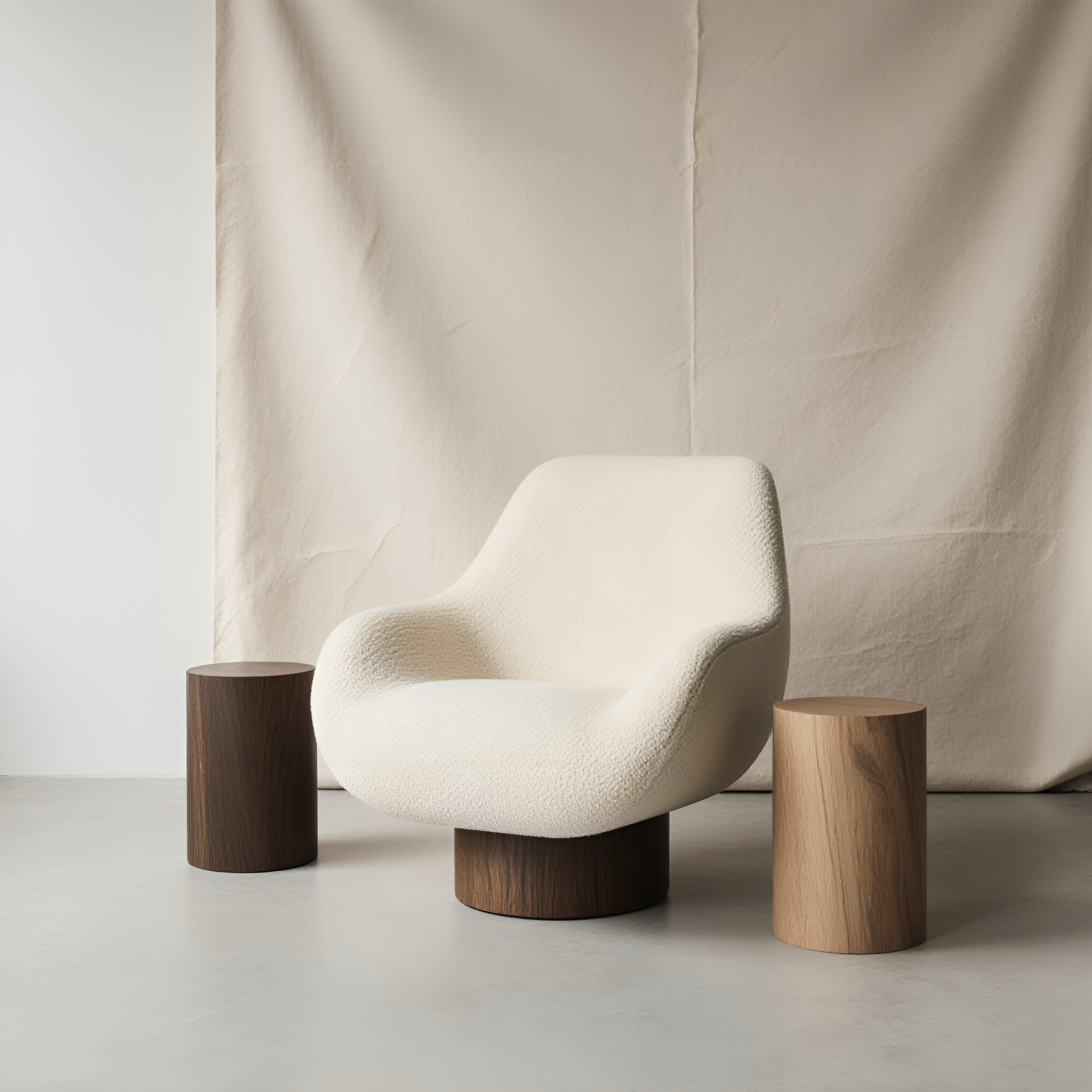 Minimalist arrangement of beige chair with wooden side tables and a textured beige wall.