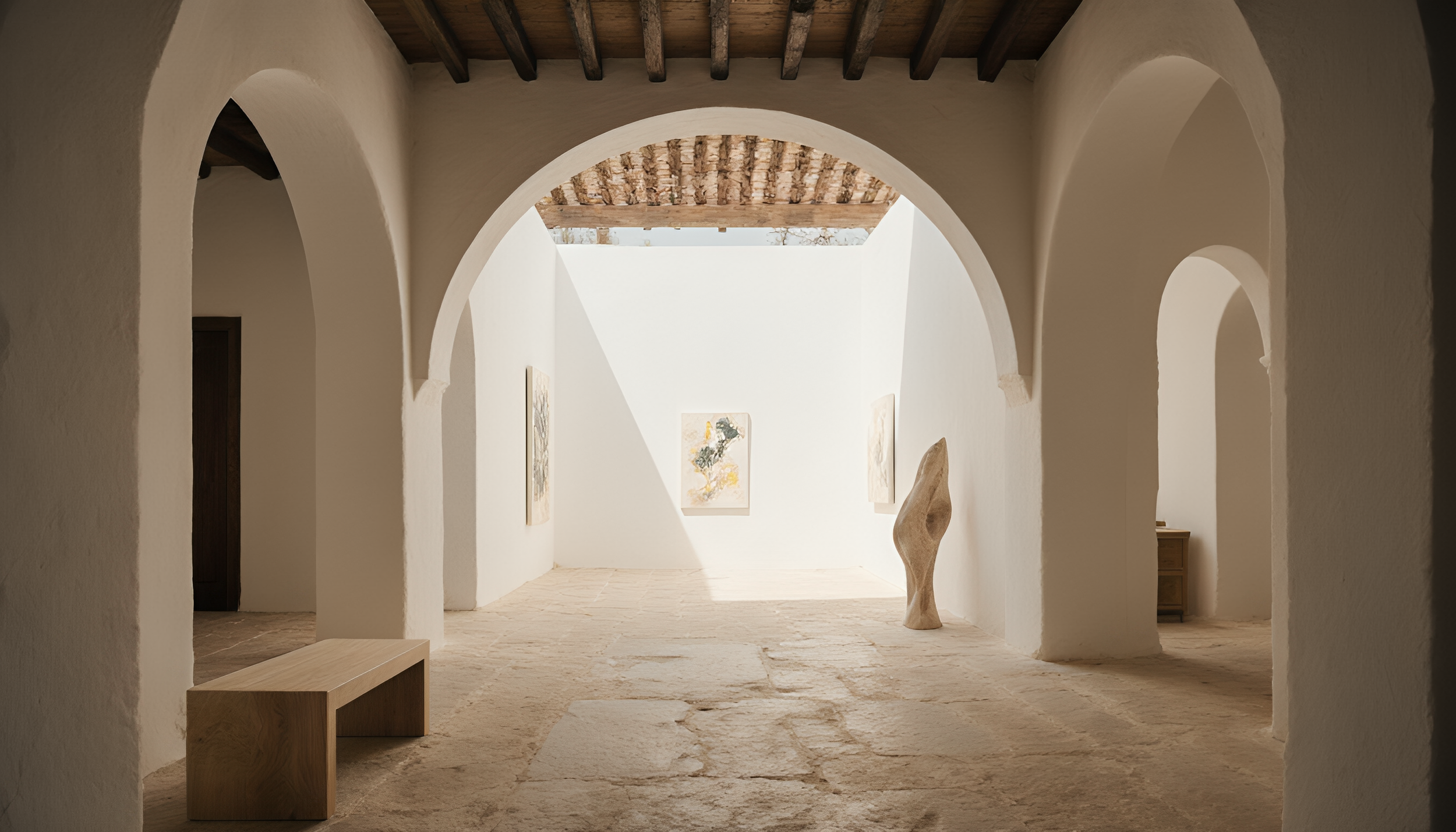 A minimalist art gallery with white walls and arched doorways, featuring a wooden chair and abstract paintings, illuminated by natural light from an opening in the ceiling.