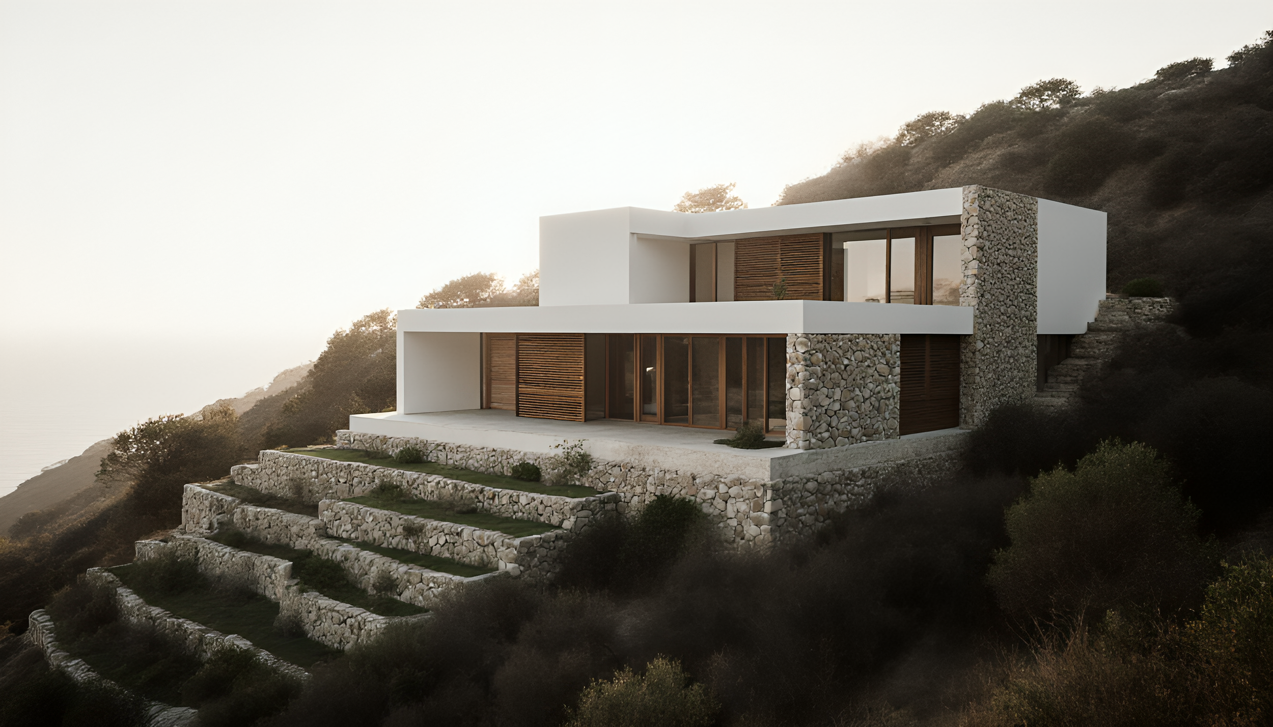 Modern house built on a hillside with terraced stone steps, white walls, large glass windows, and natural stone accents, overlooking a landscape with trees and hills.