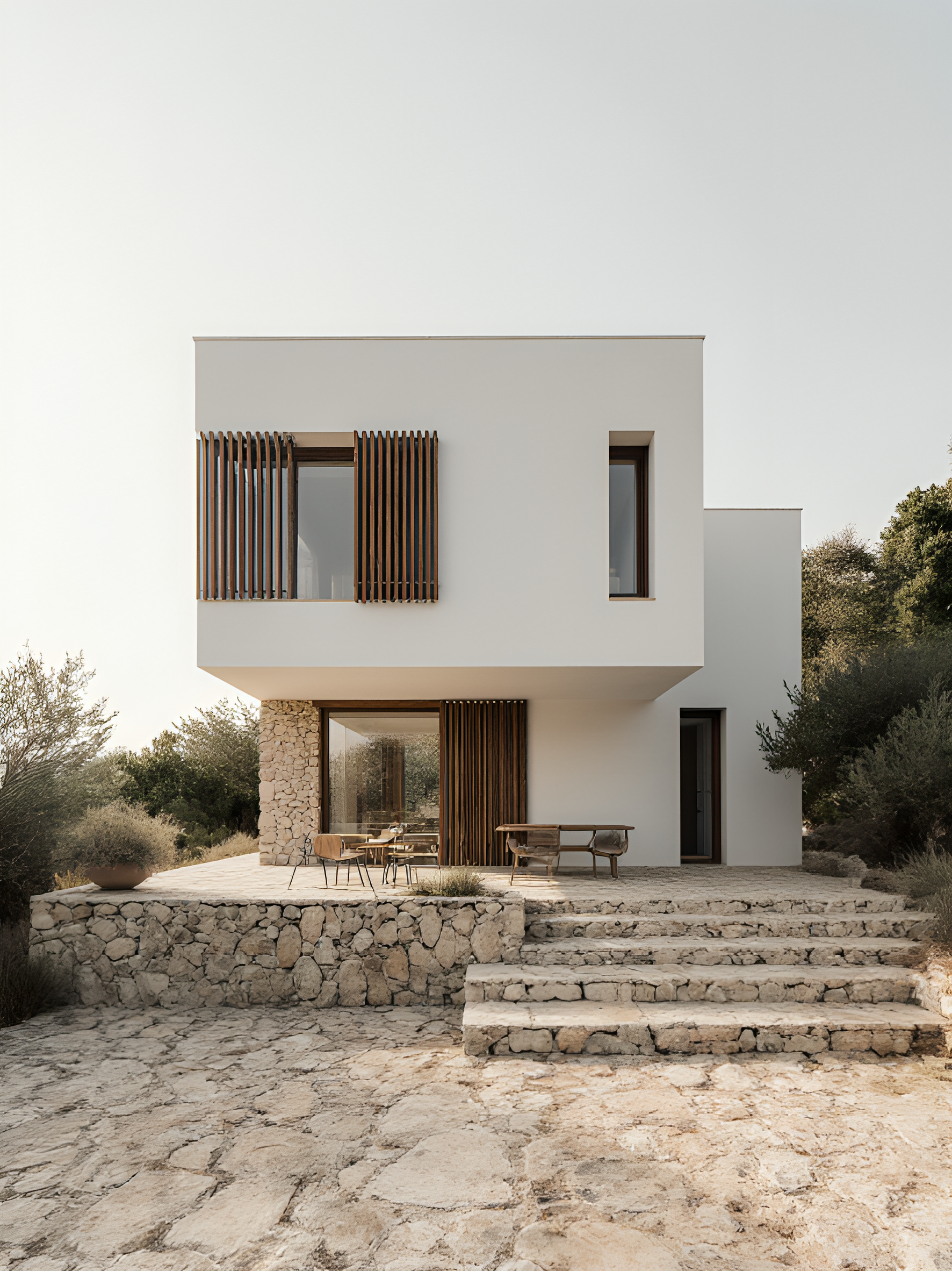 Modern white house with large windows, wooden accents, and a stone fireplace, set on a stone patio with outdoor seating and stairs leading to a landscaped yard with trees.