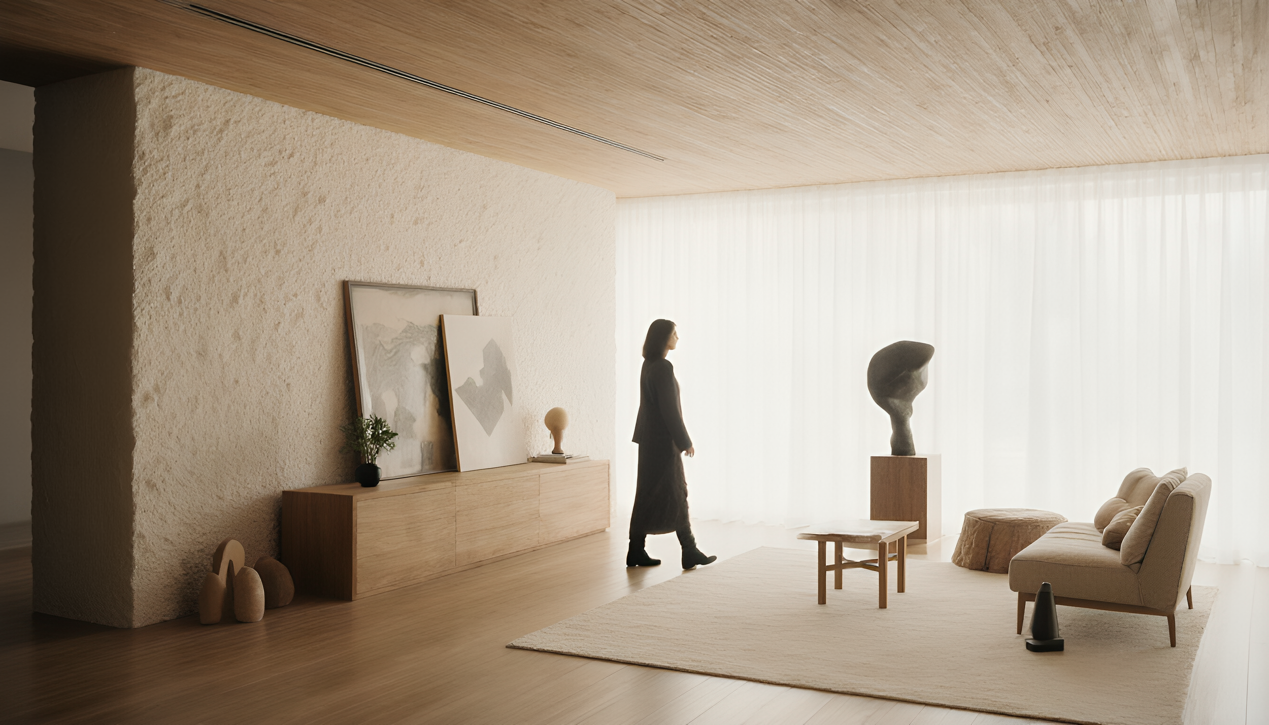 A woman in a dark coat walking inside a modern living room with neutral tones, abstract sculptures, artwork, a large window with sheer curtains, and minimal furniture.