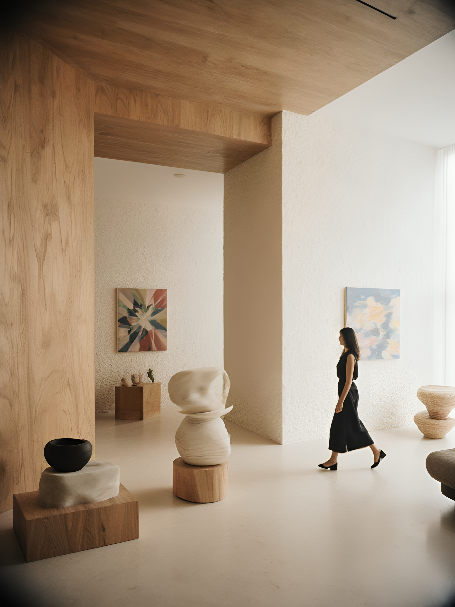 Interior view of an art gallery with wooden and white textured walls, abstract paintings, and various sculpture-style objects on display. A woman in a black dress and heels is walking through the space.