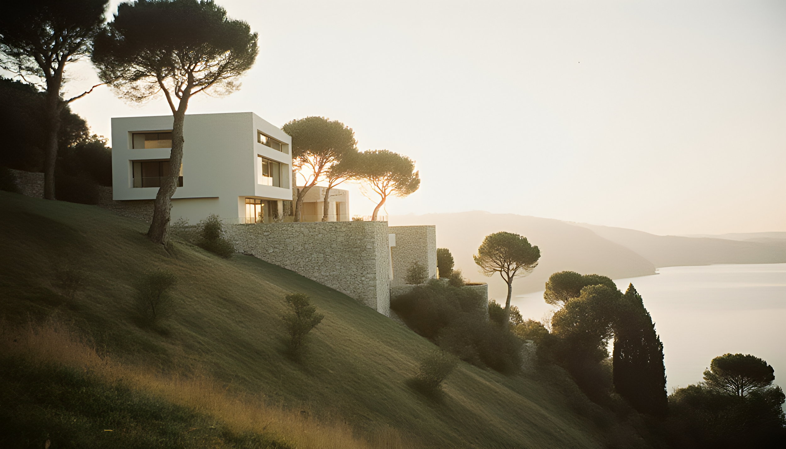 Modern white house with large windows on a hillside surrounded by tall pine trees at sunset